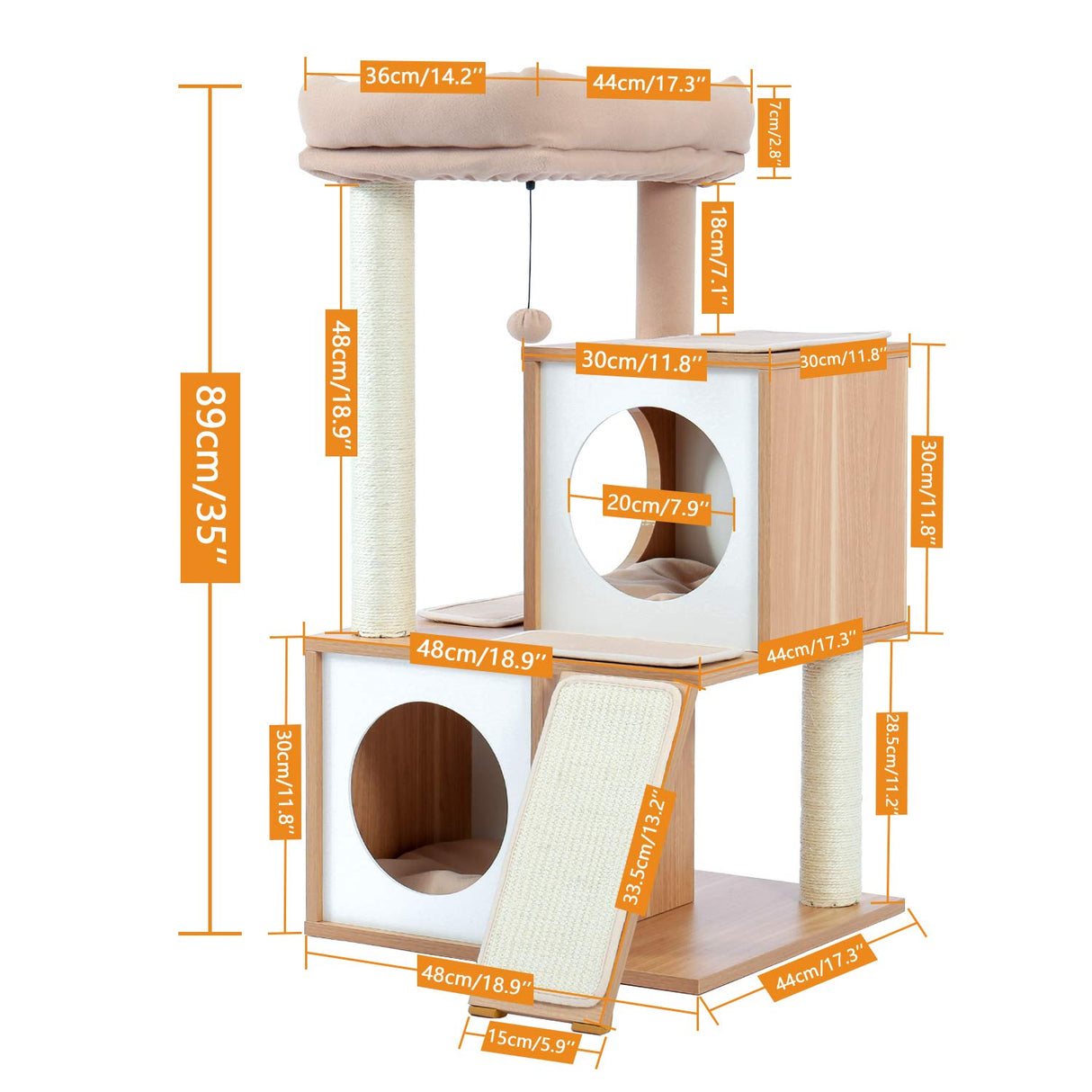 PAWZ Road Cat Tree 35 Inches Wooden Cat Tower with Double Condos, Spacious Perch, Fully Wrapped Scratching Sisal Posts and Replaceable Dangling Balls-Walnut PAWZ Road