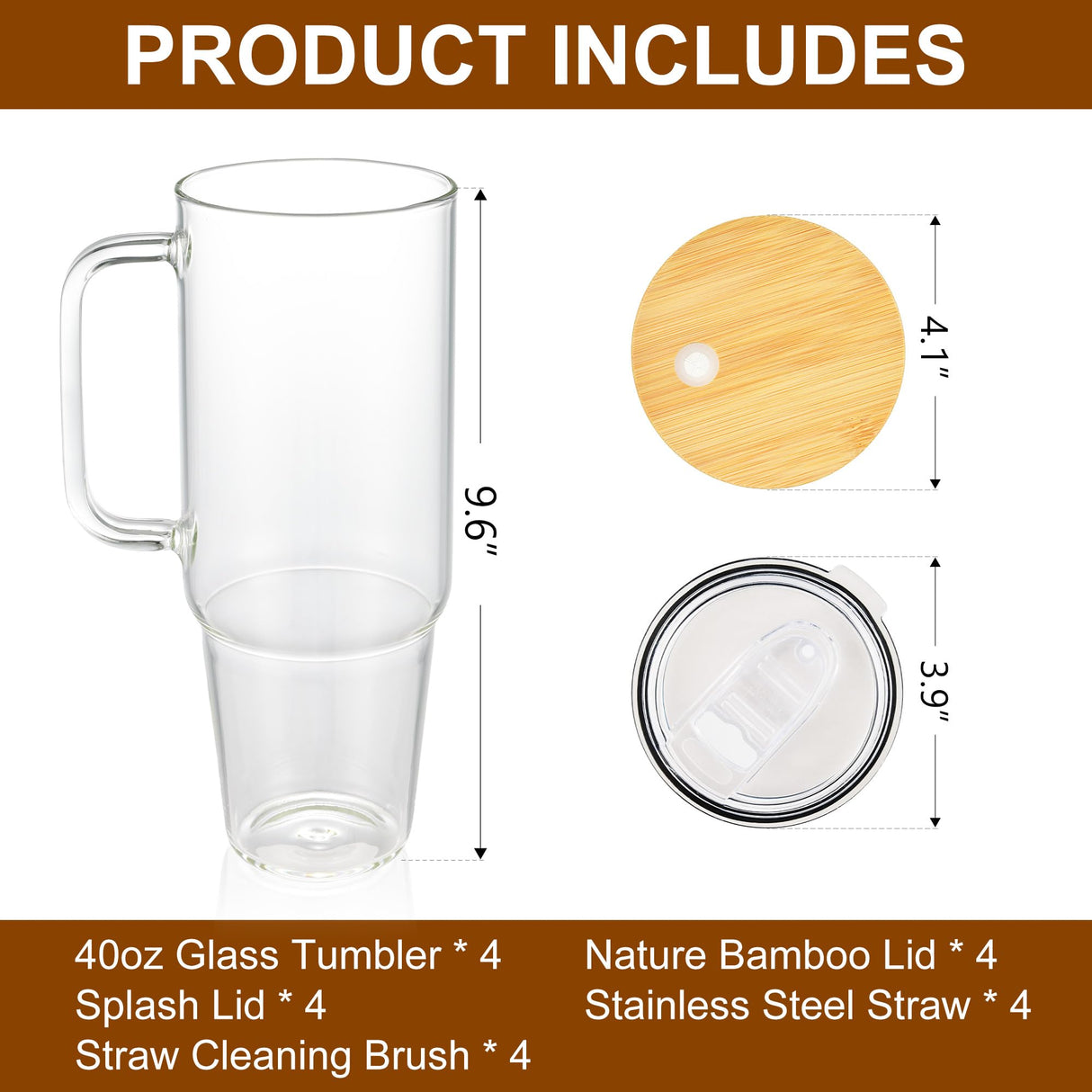 Laosh 40 oz Sublimation Glass Tumbler with Handle, Clear Tumblers with Lid and Straw, 40oz Large Capacity Drinking Glass Cups Bulk for Smoothie, Beer, Coffee, Tea, Milk, soda, water - 4 Pack Laosh