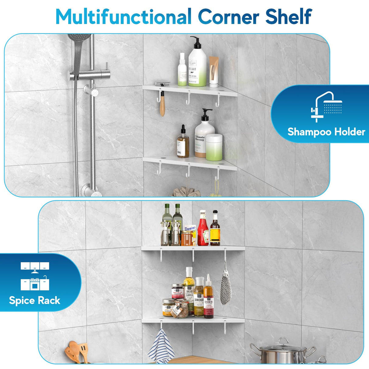 SZWQILIN Corner Shower Shelves, 10" White 304 Stainless Steel Recessed Shelf for Bathroom,Grout in Shelf with Hooks for Tiled Wall 2 Pack (White) SZWQILIN