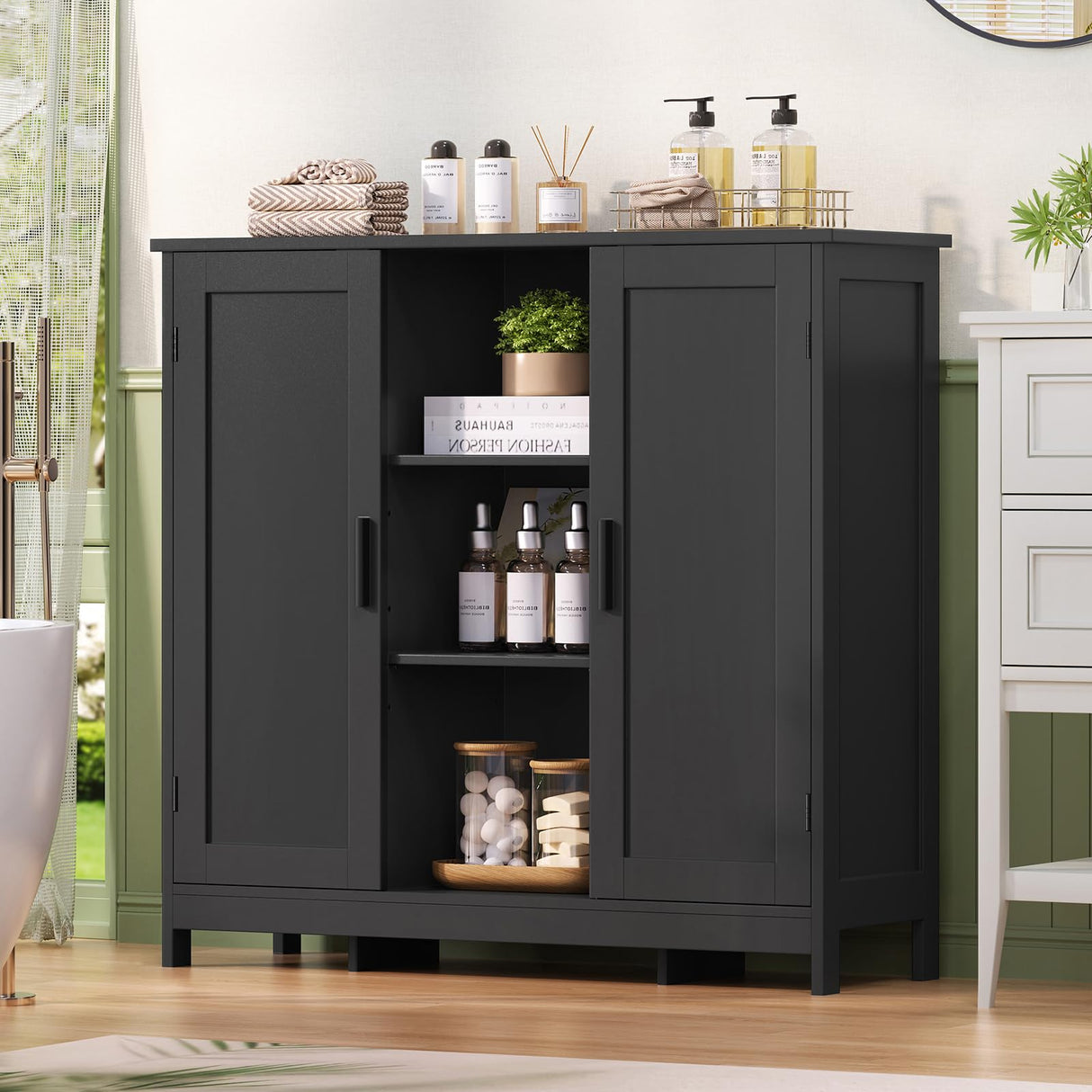 TEENFON Storage Cabinet with 2 Doors and 3 Adjustable Shelves, Entryway Cabinet, Coffee Bar for Living Room, Bedroom, Home Office, Entryway, Black TEENFON