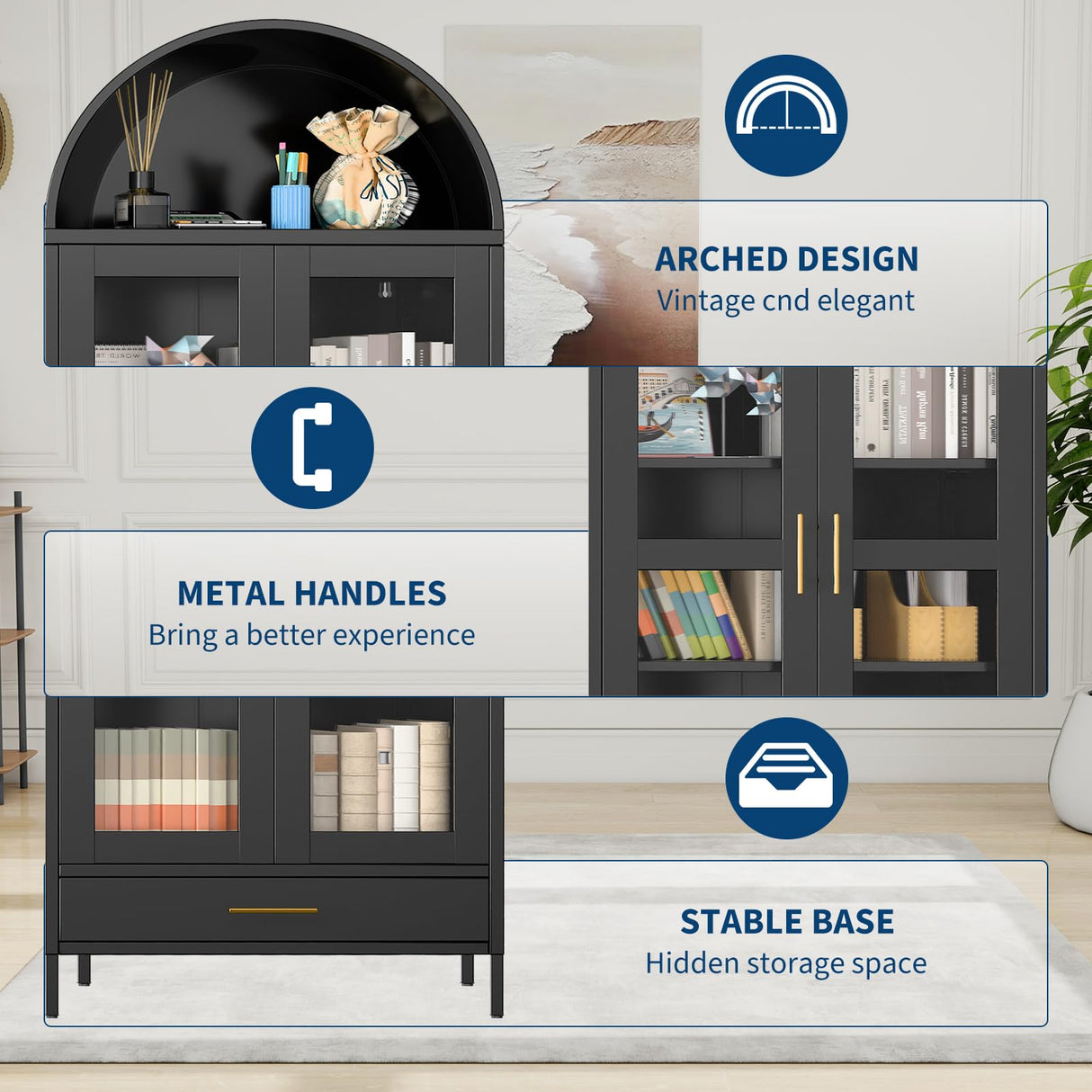 Hipicute Metal Storage Cabinet,73" Tall Arched Pantry Cabinet,Modern Farmhouse Arched Bookcase with Glass Door, 2 Adjustable Shelves & Drawers,Versatile Cupboard,Freestanding Display Cabinet Black Hipicute