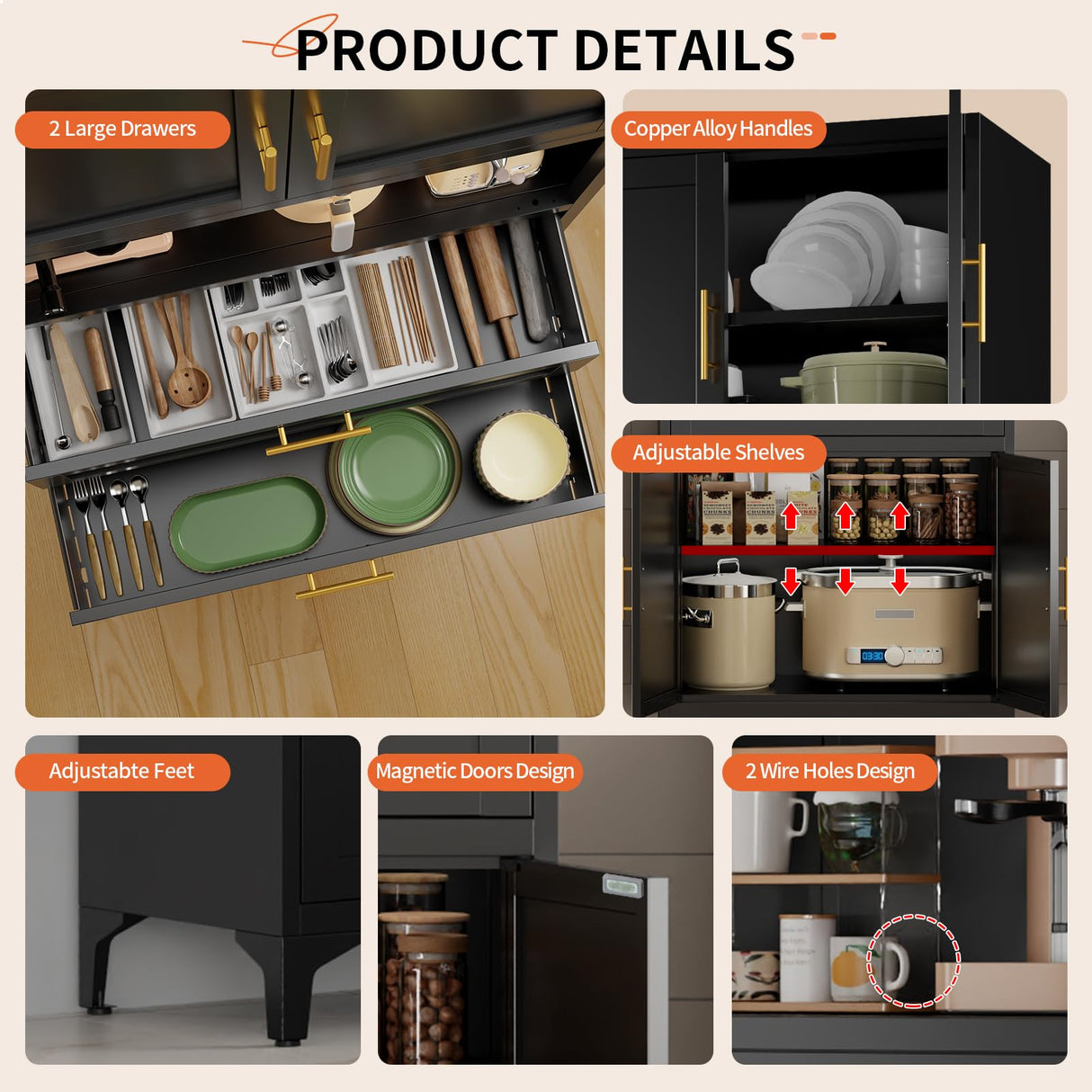 steelftyn 75" Pantry Storage Cabinet, Metal Cupboard with 2 Drawers, Tall Cabinet with 4 Doors and 2 Adjustable Shelves, Kitchen Storage, Cupboard for Dining Room, Living Room, Black steelftyn