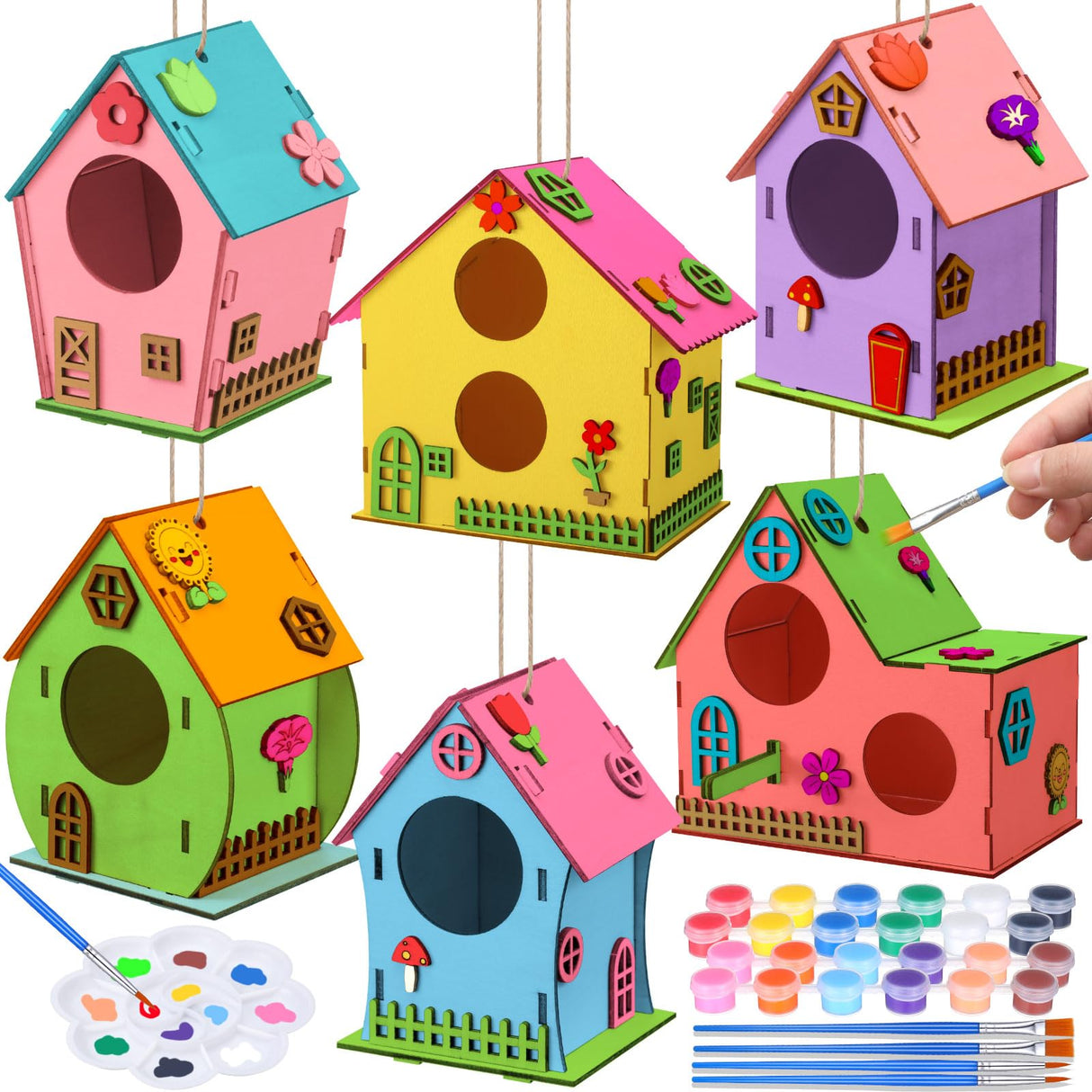 VioraWhite 14 Pcs Bird House Crafts Wooden Bird Houses to Paint DIY Birdhouse Kit Wood Building Projects Activities Arts and Crafts Kit Includes Paints Brushes Adults Build Craft VioraWhite