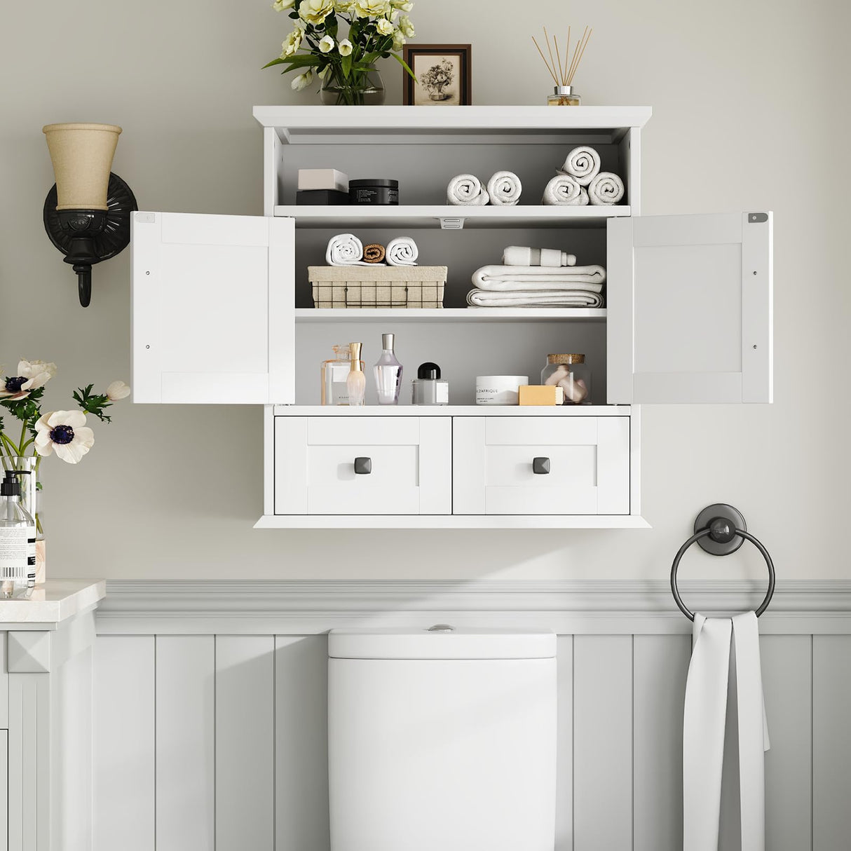 Seeday Bathroom Wall Cabinet, 23''Wx25''H Bathroom Cabinet Wall Mouted with Drawers, Barn Doors & Adjustable Shelf, Over The Toilet Storage Cabinet for Laundry Room, White Seeday