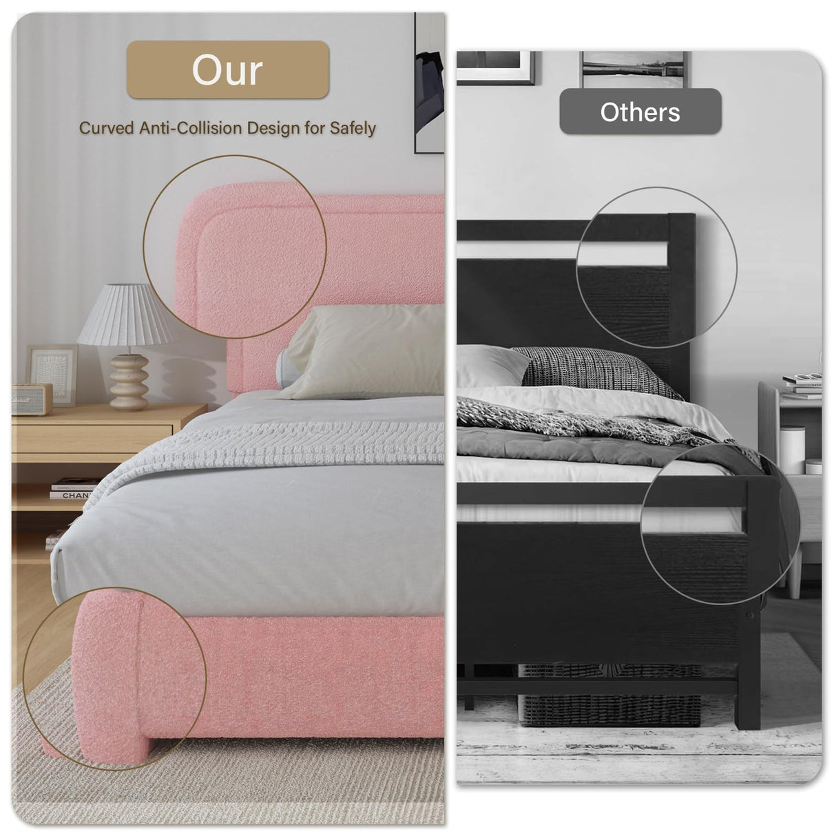 King Size Bed Frame, Upholstered Platform Bed King with Headboard, Boucle Soft and Cloud Bed Frame, Modern Style, No Box Spring Required, Easy Assembly, Pink BarnFurin