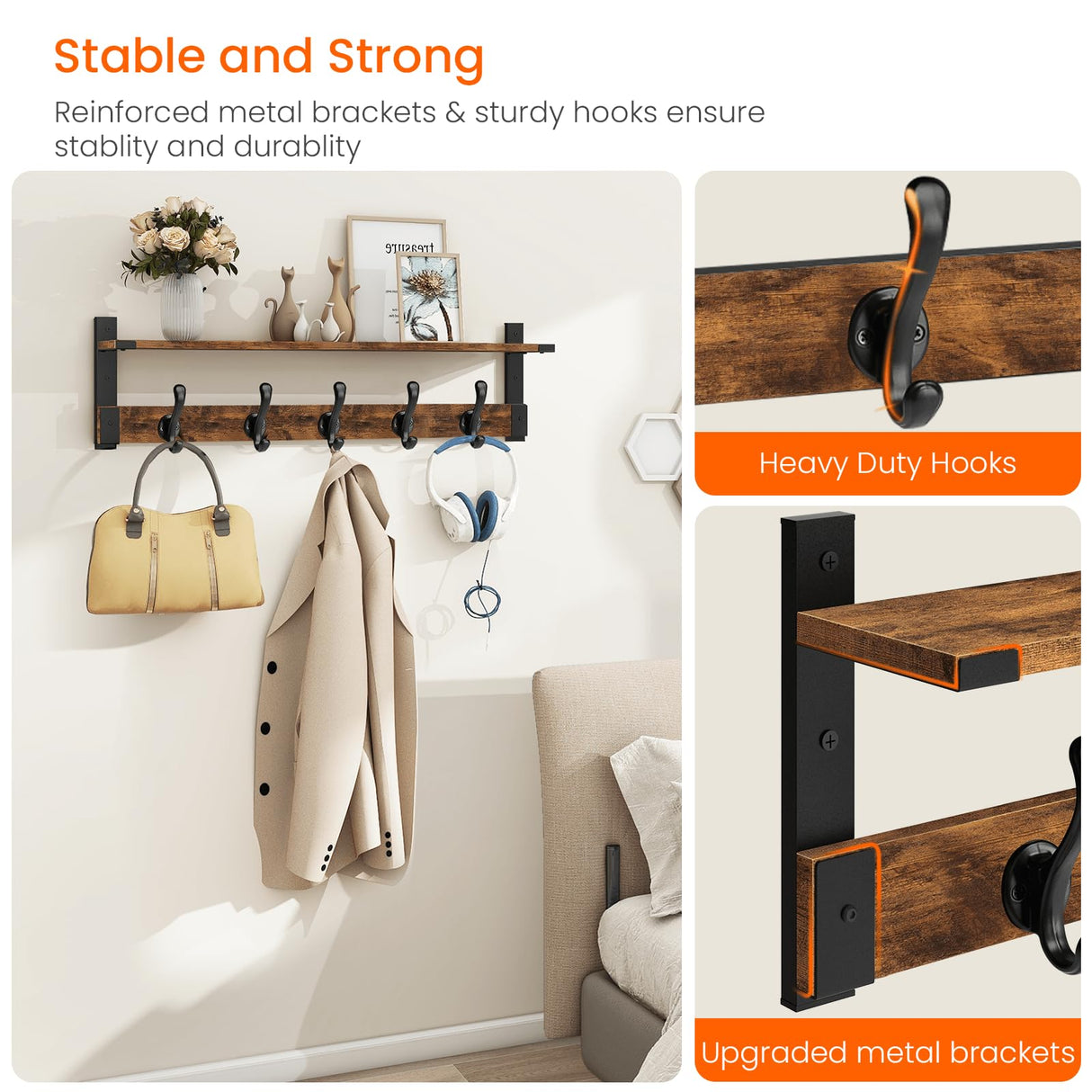 Homode Coat Rack Wall Mount, 29 Inch Long Shelf with Hooks, Wood Entryway Shelf with 5 Hangers for Hanging Hat Jacket Backpack Purse, Rustic Brown Black Homode