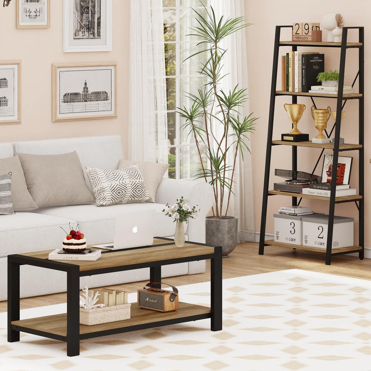 BON AUGURE Industrial Coffee Table, Wood Metal Coffee Tables for Living Room, Farmhouse Rectangle Center Tables, Modern Living Room Table (Vintage Oak, 43 Inch) BON AUGURE