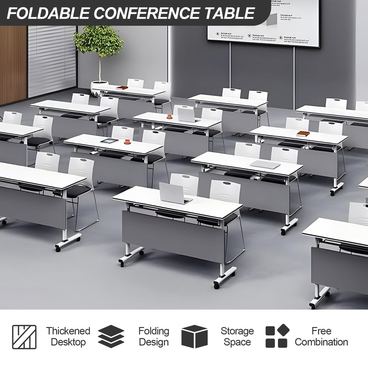 4PCS Folding Conference Table, Modern Mobile Meeting Table with Silent Wheels 47.2" D X 23.6" W X 29.5" H Wood Training Table for Office Reception Classroom Training JNMDLAKO