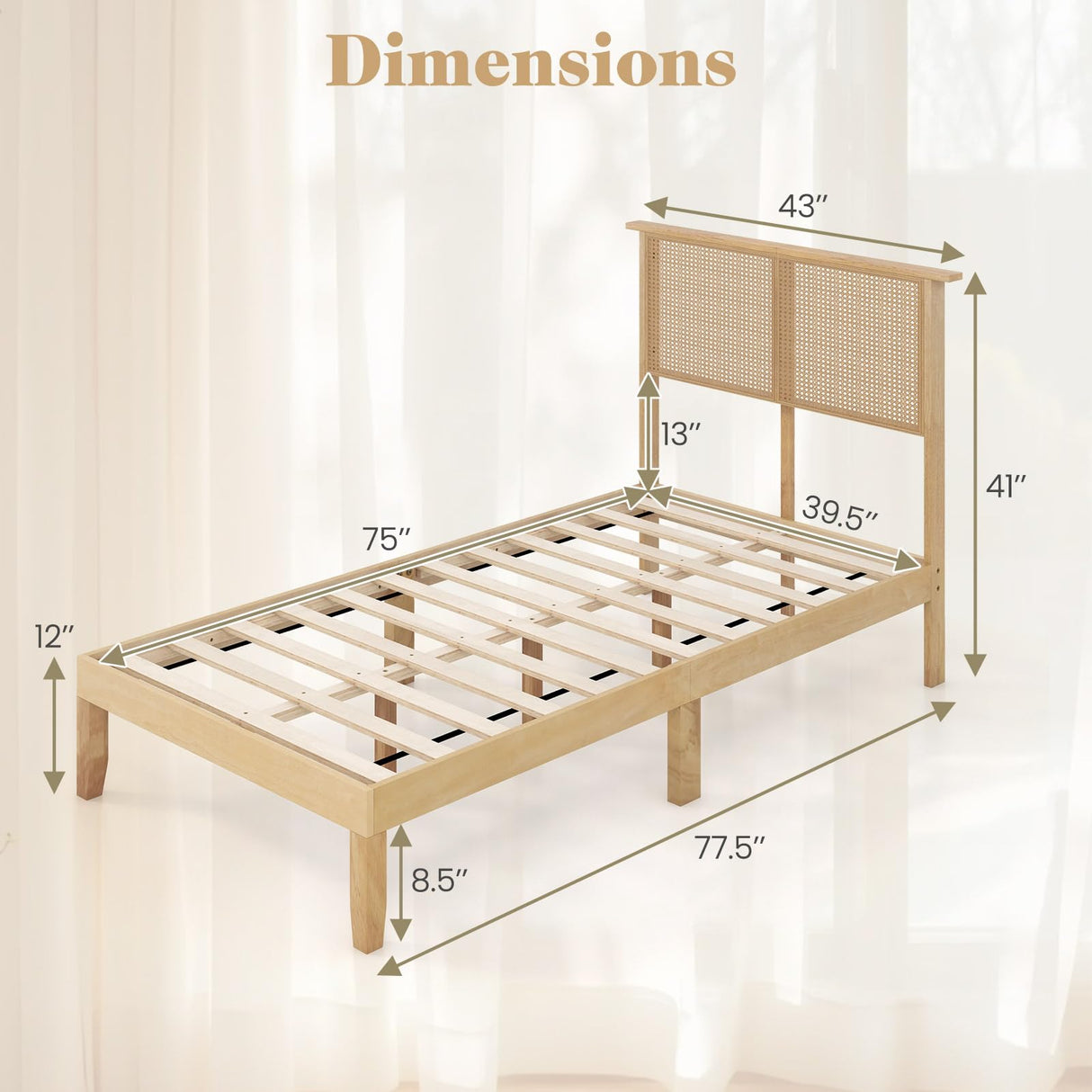 KOMFOTT Twin Size Wood Platform Bed Frame with Rattan Headboard, Boho Rubber Wood Bed Frame with Plywood Slats & Under-Bed Storage, Platform Bed Frame, Mattress Foundation, No Box Spring Needed KOMFOTT