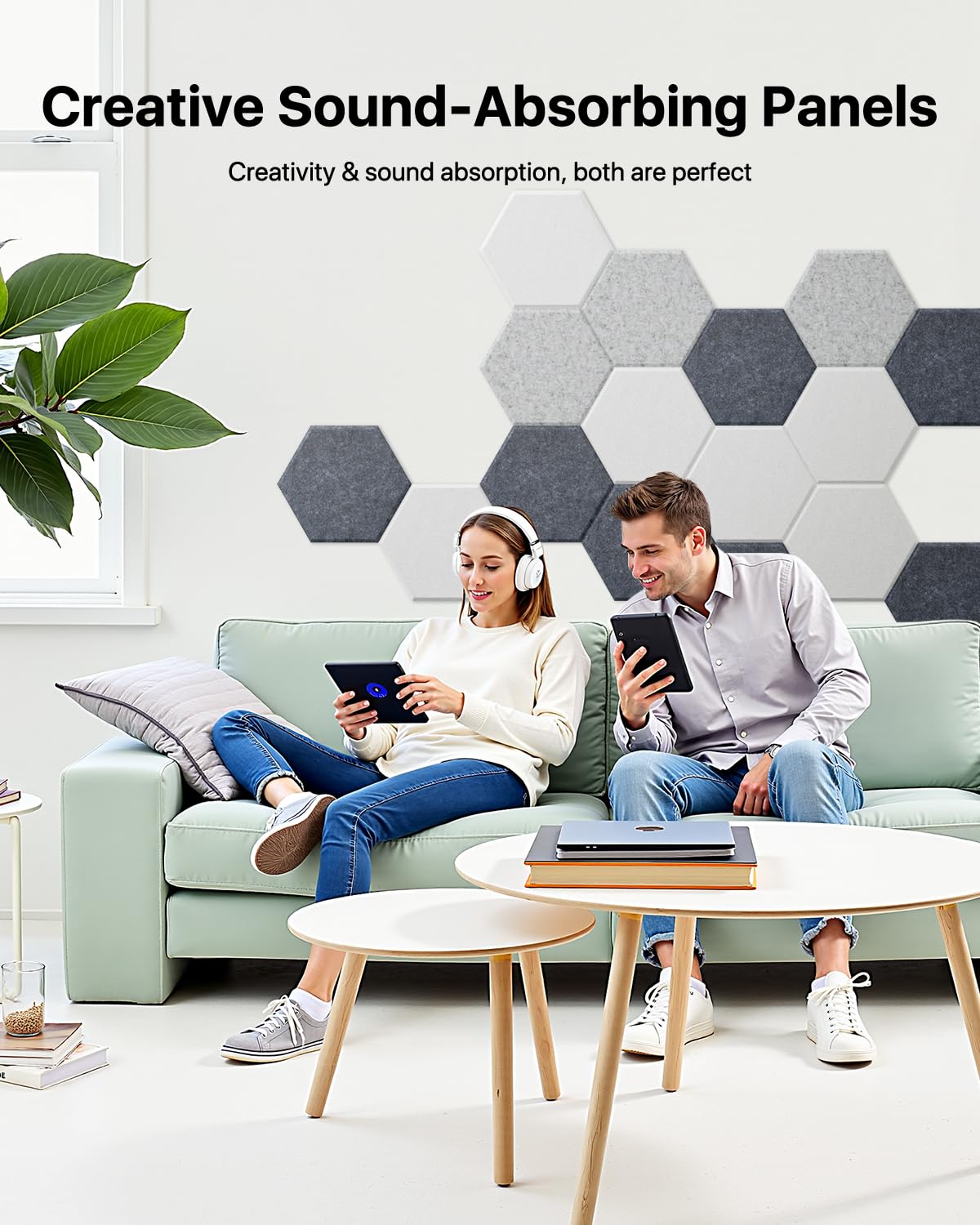 12 Pack Soundproof Wall Panels, Hexagon Acoustic Panels High Density Acoustic Wall Panels, Self-Adhesive Sound Proofing Panels for Walls, Office,Reccording Studio, Ceiling 12" X 10" X 0.4" White Soundsbay