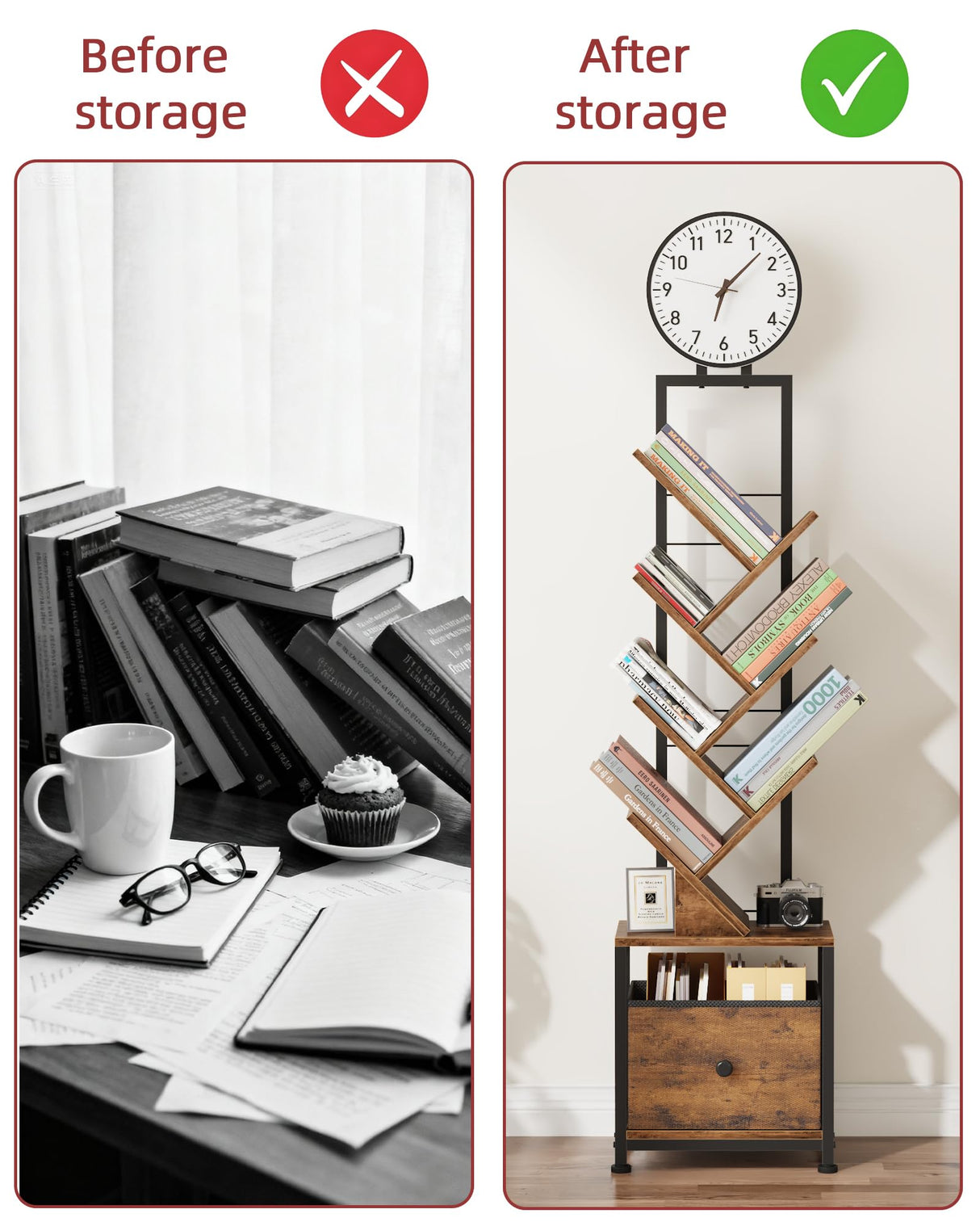 HIGDBFE 6 Tier Tree Bookshelf with Clock and Fabric Drawer, Small Narrow Bookcase, Tall Floor Standing Book Shelf for Bedroom, Living Room, Home Office, Rustic Brown HIGDBFE