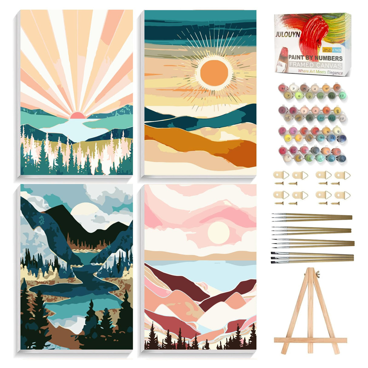 Julouyn 4 Pack National Park Paint by Numbers Kit for Adults with Framed, Sunset Sunrise Mountain Easy Paint by Number Kits On Canvas with Wooden Easel, Painting by Numbers for Beginner Gift 8x12 in Julouyn