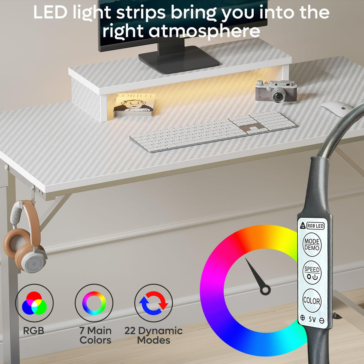 Bestier Small Gaming Desk with Monitor Stand, 42 inch LED Computer Desk, Gamer Workstation with Cup Holder & Headset Hooks, Modern Simple Style Desk for Home Office, Carbon Fiber White Bestier