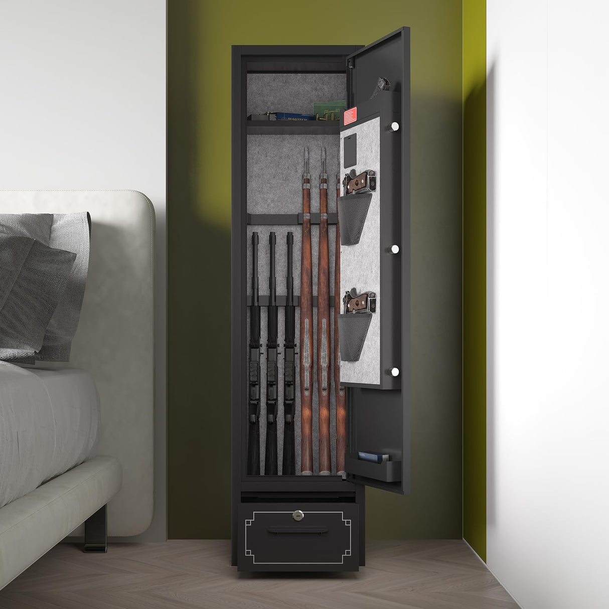 SAPITAL 6 Gun Safe,Gun Safe for Rifles and Pistols,Gun Cabinet for Rifles and Shotguns with Drawer,Electronic Rifle Safe,Gun Safes & Cabinets with LED Light, Removable Shelf and Gun Rack (6-gun safe) SAPITAL