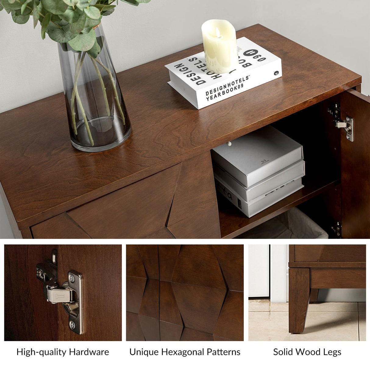 HULALA HOME Modern Buffet Cabinet Kitchen Storage Cabinet with 3D Geometric Design, Free Standing Sideboard Solid Wood Legs Adjustable Shelf, Walnut Accent Cabinet for Living Room Dining Room Hallway HULALA HOME