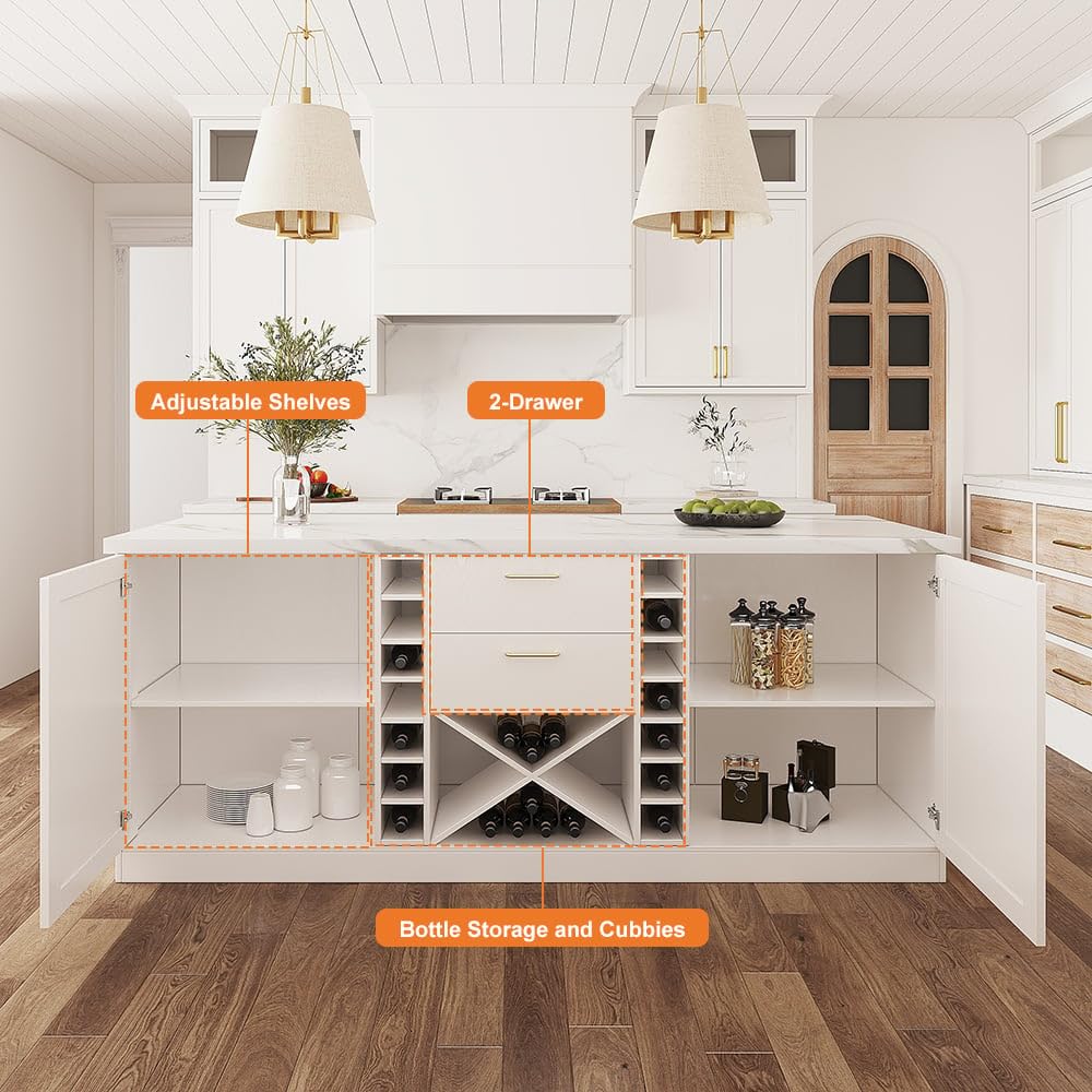 homary 72'' Kitchen Island with Seating Island Table with Wine Storage & 2 Drawers Marble Dining Table for 4 People homary