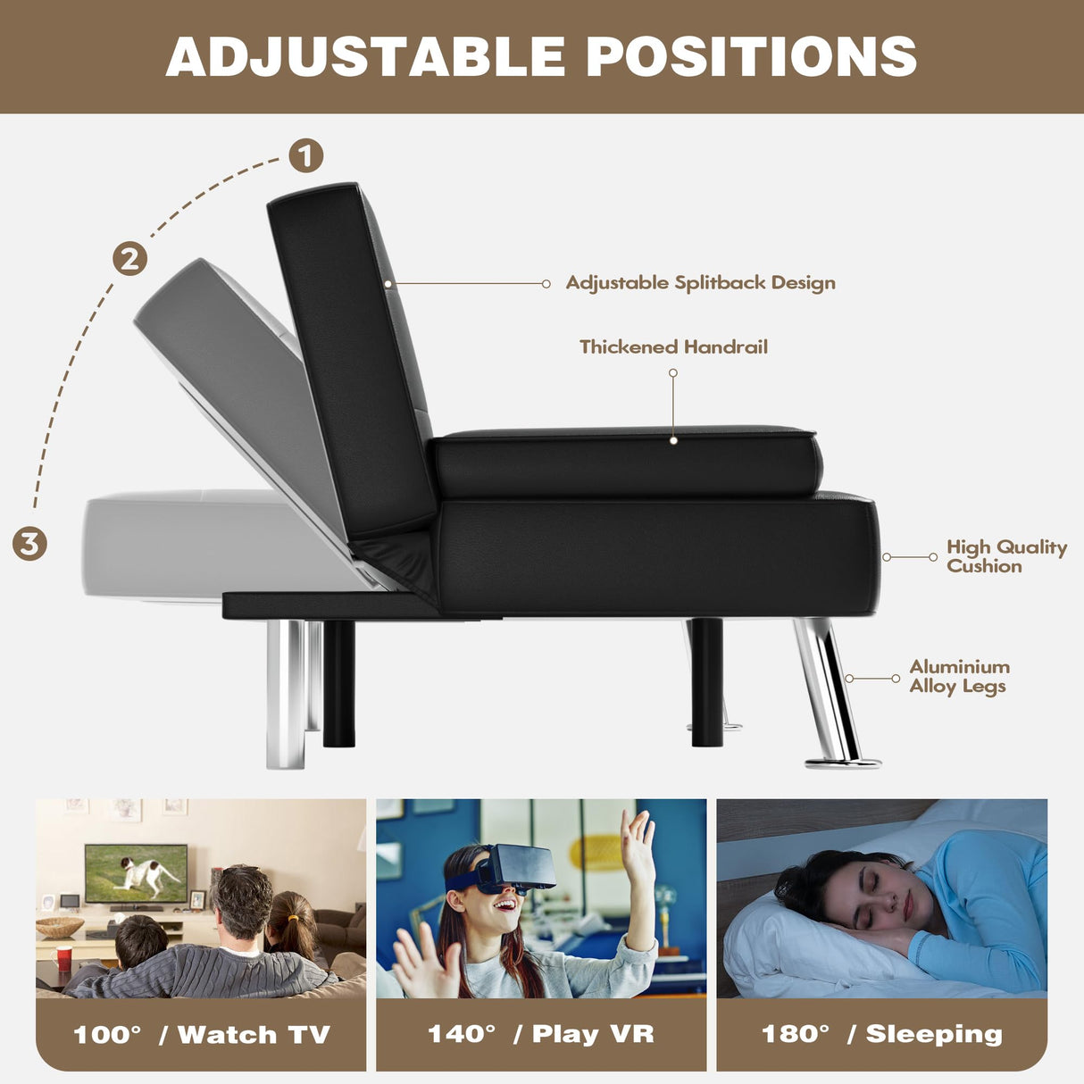 Homall Futon Sofa Bed, Leather Futon Couch with Removable Armrests, Adjustable Recliner Sleeper Sofa Bed with Dual Cup Holders for Living Room, Apartment, Office (Black) Homall