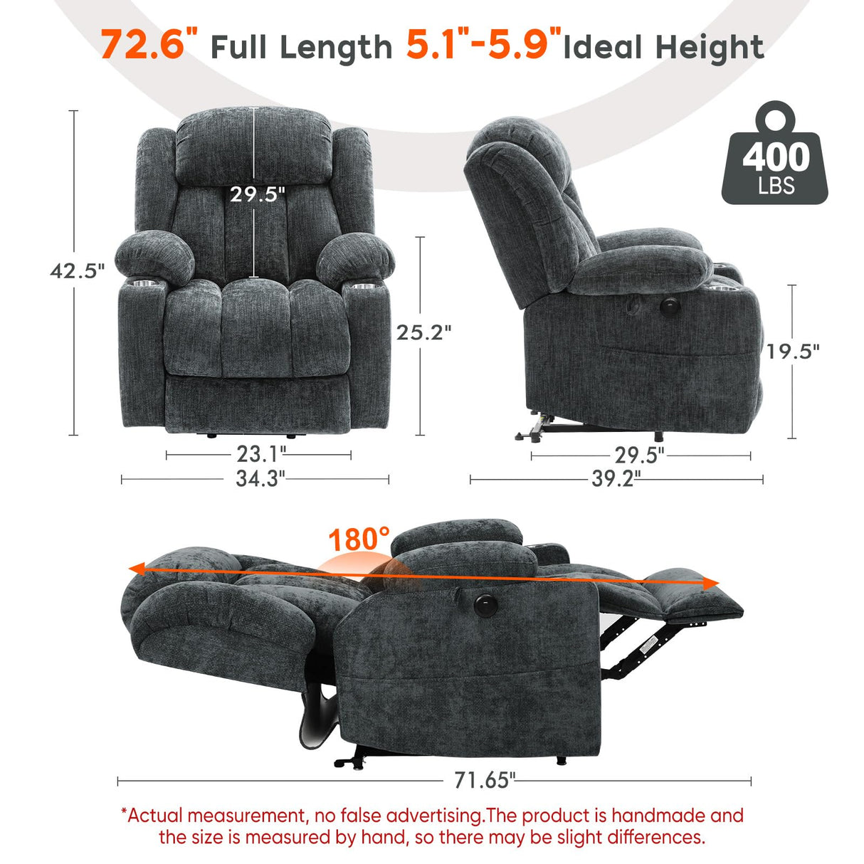 ABCASA Large Dual Motor Lay Flat Power Lift Recliner Chair for Elderly with Heat & Massage, Comfortable Chenille Recliner, Cup Holder, Side Pocket,USB-A & C Ports, Gray Blue ABCASA