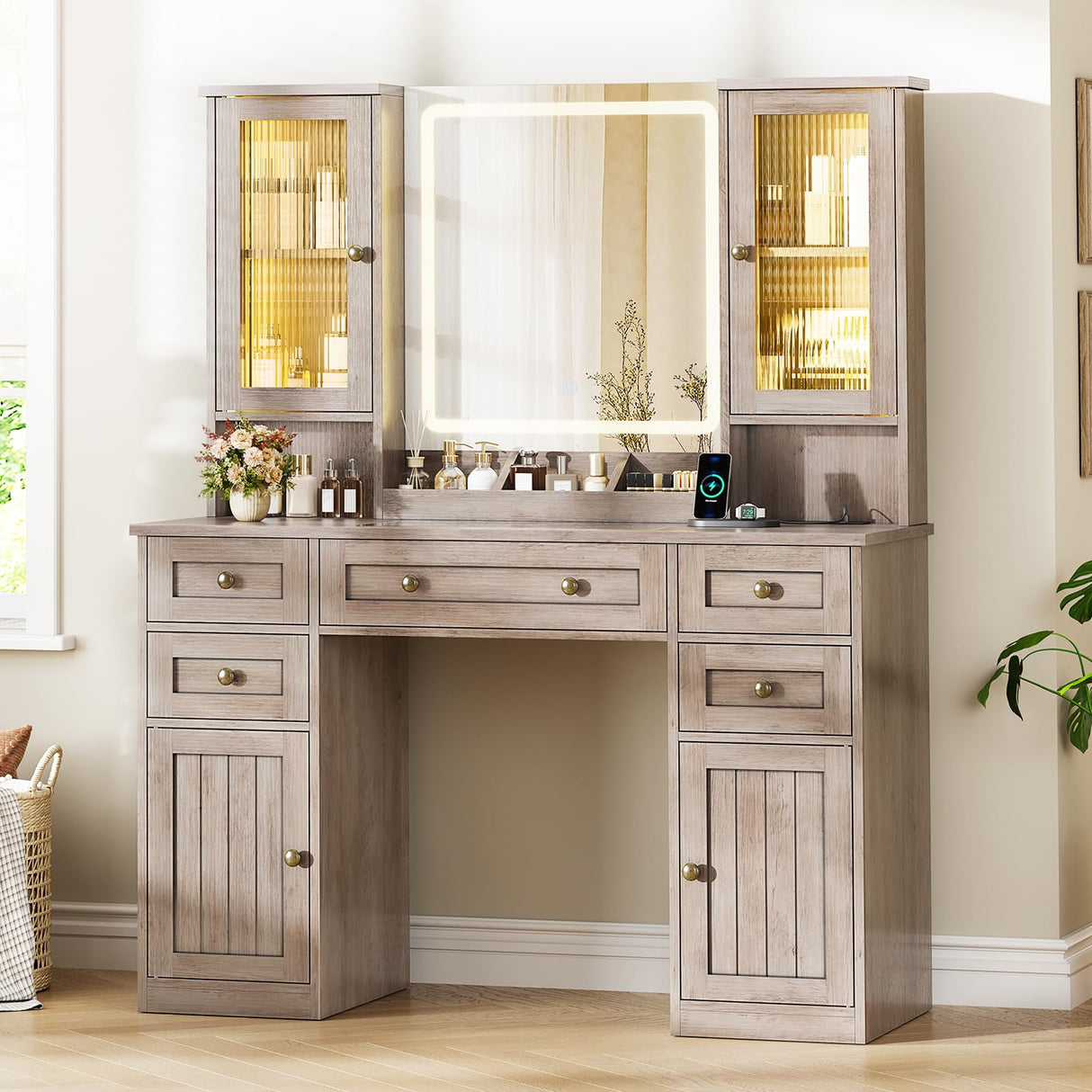 MSmask Vanity Desk with LED Mirror & 3 Color Modes, Large Makeup Vanity with 2 RGB Lights Cabinets, Glass Top Vanity Table with 5 Drawers & Power Outlet, Farmhouse Vanity, Grey MSmask