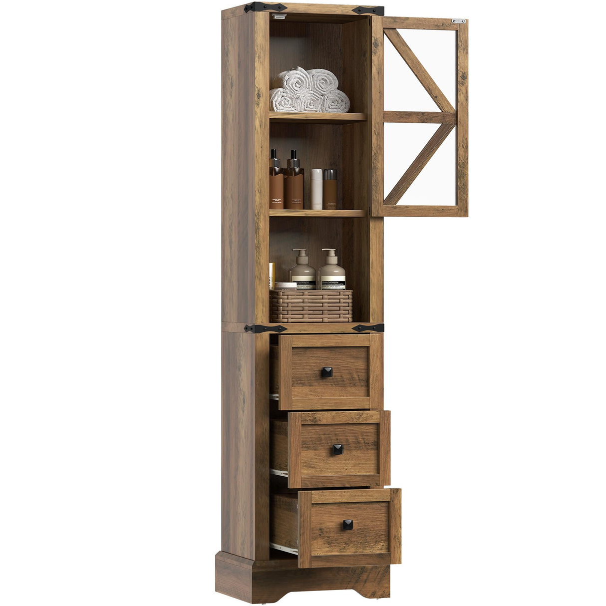 DWVO Tall Bathroom Storage Cabinet, 68" Farmhouse Storage Cabinet with Adjustable Shelves & Storage Drawers, Floor Storage Cabinet for Bathroom, Living Room, Antique Brown DWVO