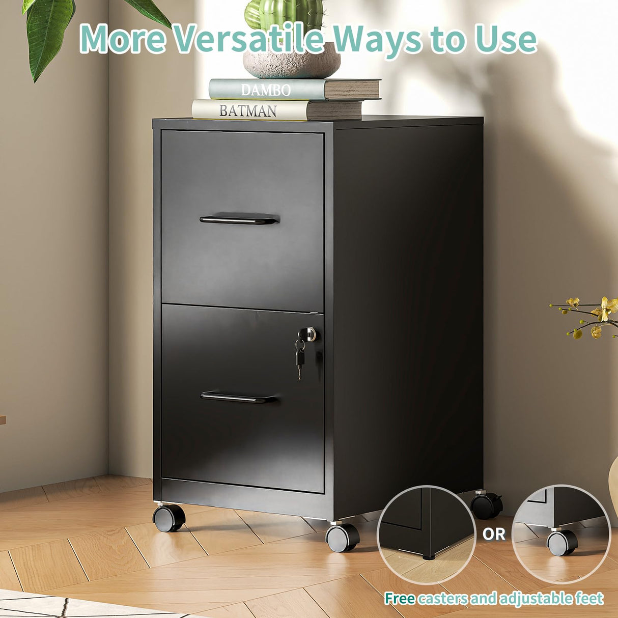 AQY 2 Drawer Mobile File Cabinet with Lock, Rolling Metal Filing Cabinet for Home Office, Vertical File Cabinet on Wheels, Small Black File Storage Cabinets for Legal/Letter/A4 Files Assembly Require AQY