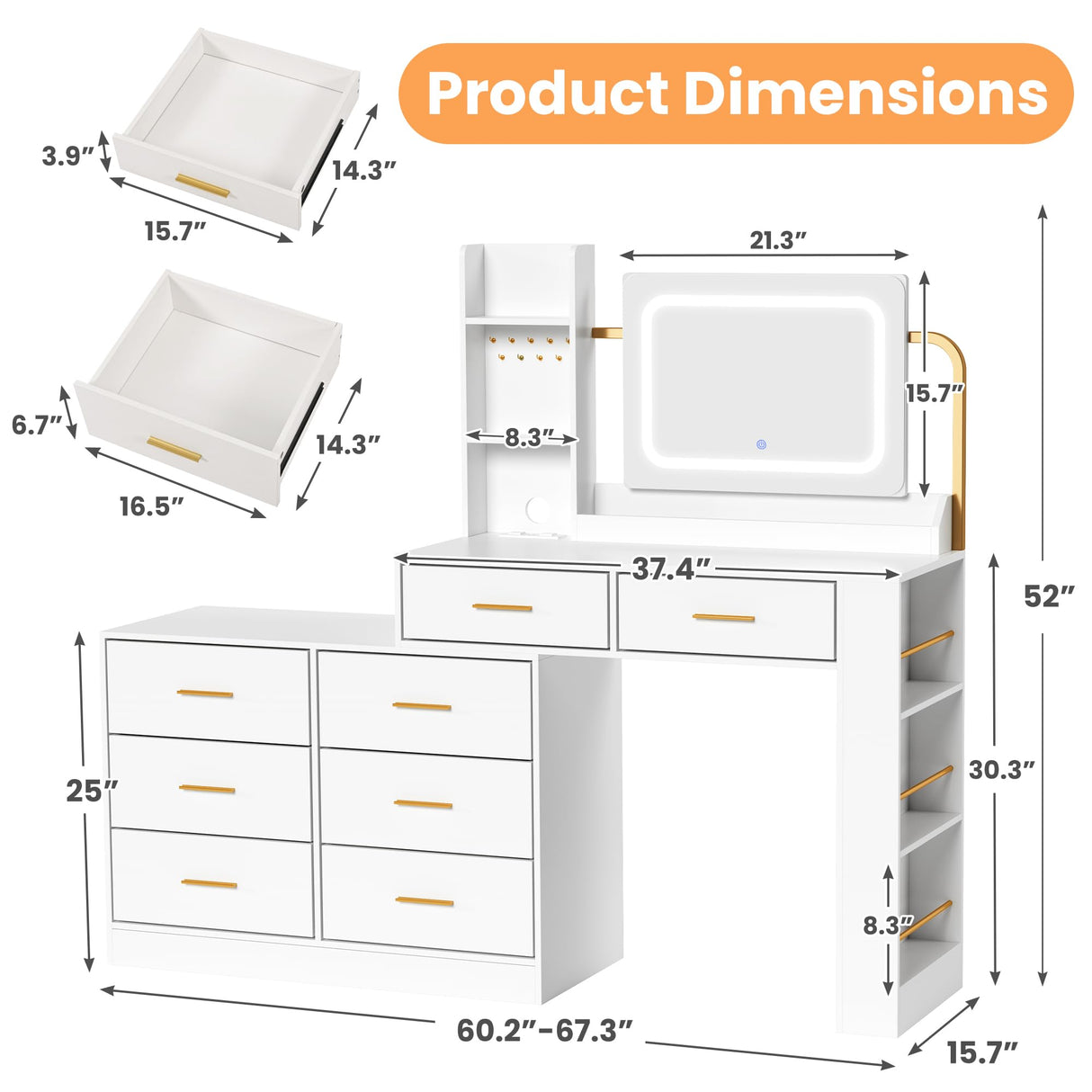 Pamapic 67" Vanity Desk with Mirror and LED Lights, Golden Handles 15 Storage Spaces White Vanity D, 8 Drawers Makeup Desk with Upgraded Silent Slides, Adjustable Width Dresser with Mirror Gift Pamapic