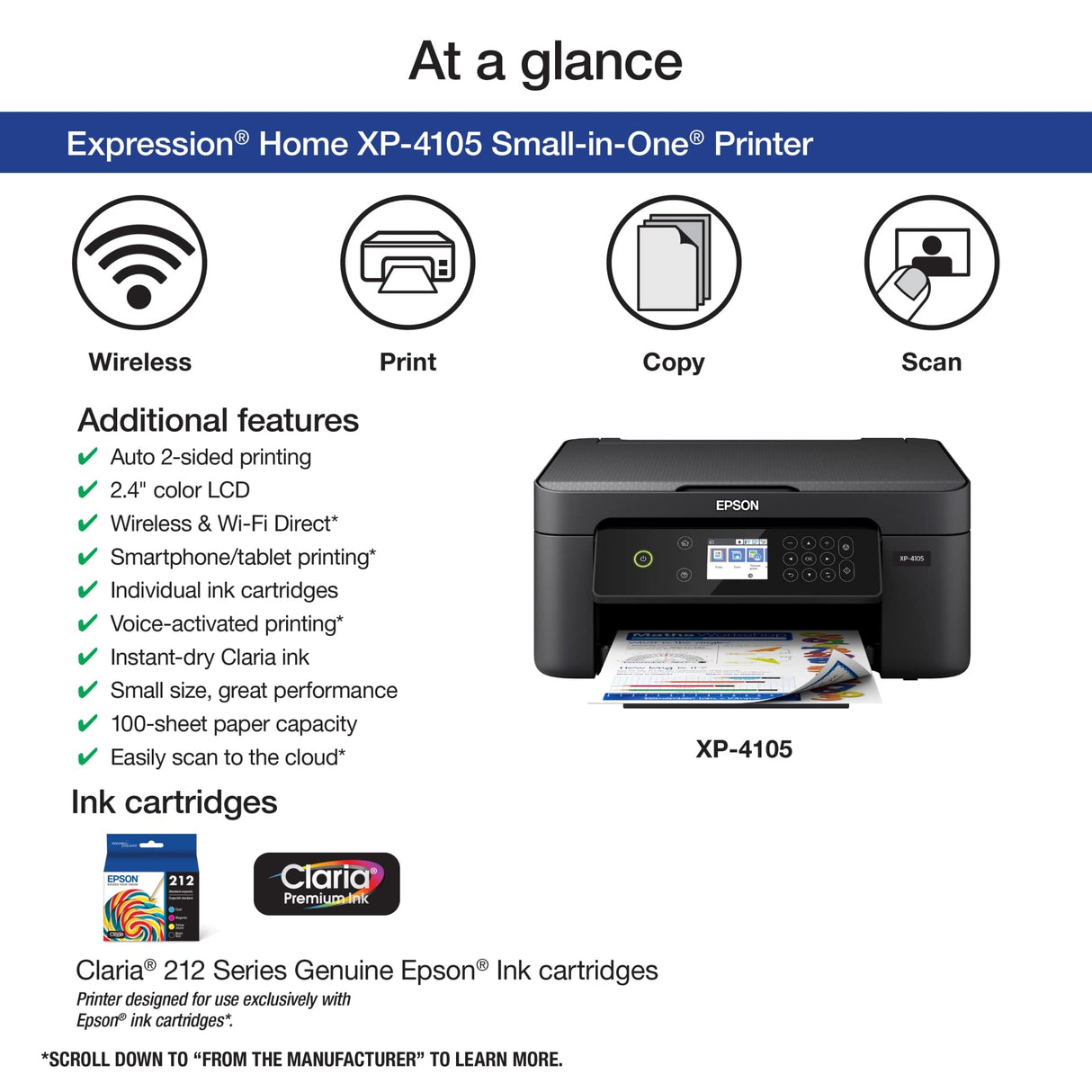 Epson Expression Home XP-4105 Wireless All-in-One Color Inkjet Printer, Black - Print Copy Scan - 10.0 ppm, 5760 x 1440 dpi, 2.4" LCD, Auto 2-Sided Printing, Voice Activated, DAODYANG Printer_Cable Epson