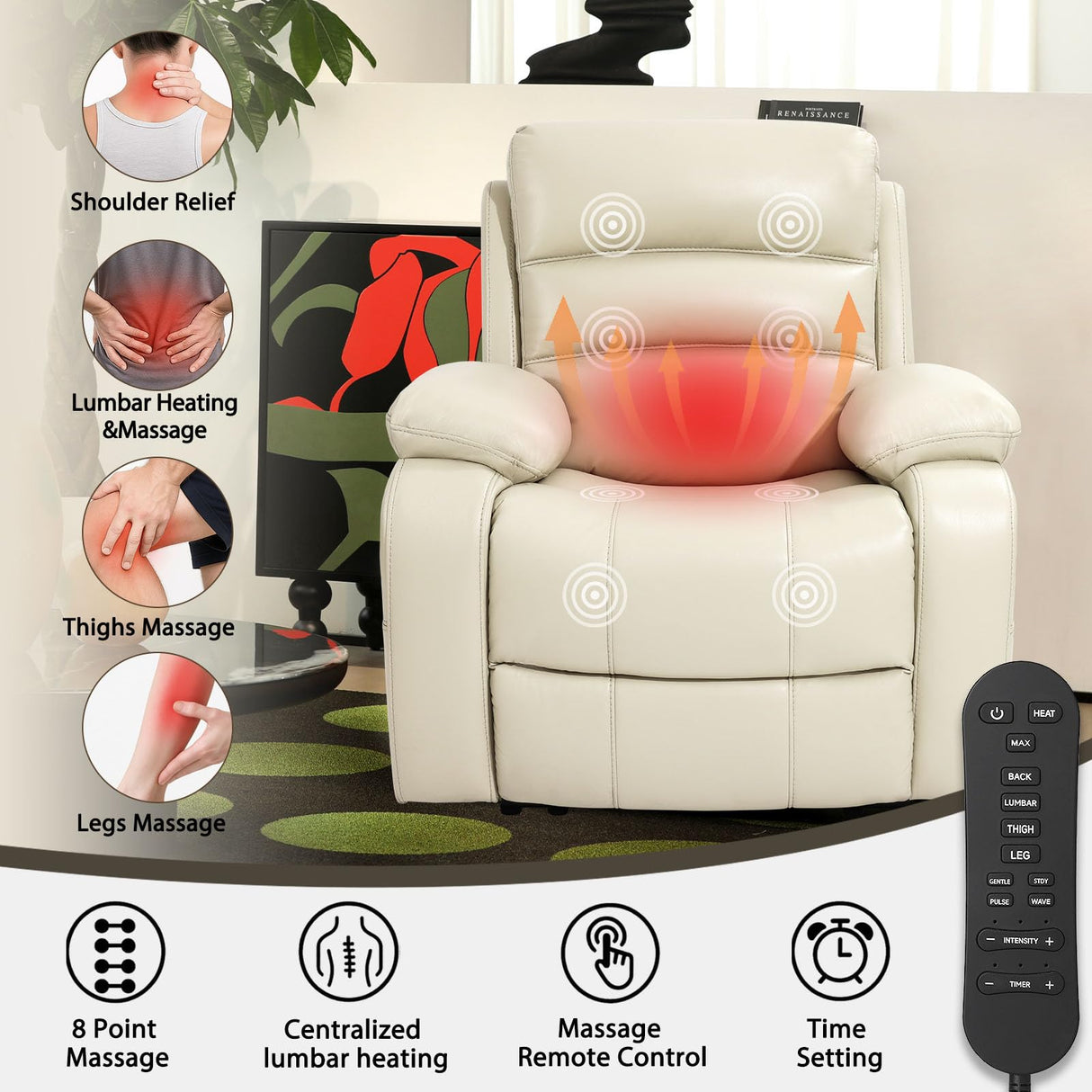 EONIX Real Zero Clearance Wall Hugger Recliners, Power RV Recliner Chairs for Small Spaces, Dual Motor Home Theater Recliners with Massage and Heat, SXXY003992, Cream White EONIX