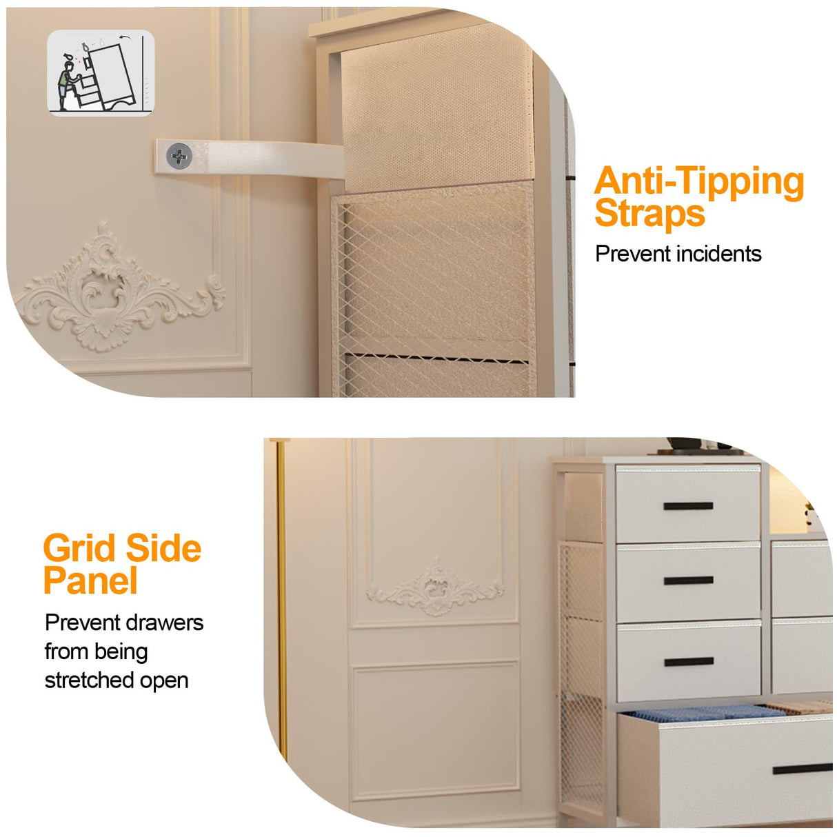 Harpaq White Dresser for Bedroom with 10 Drawers, Dresser with Charging Station, TV Stand Dresser with LED Light for 55" TV, Fabric Drawer Dresser with PU Finish, Dresser with Shelves for Closet Harpaq