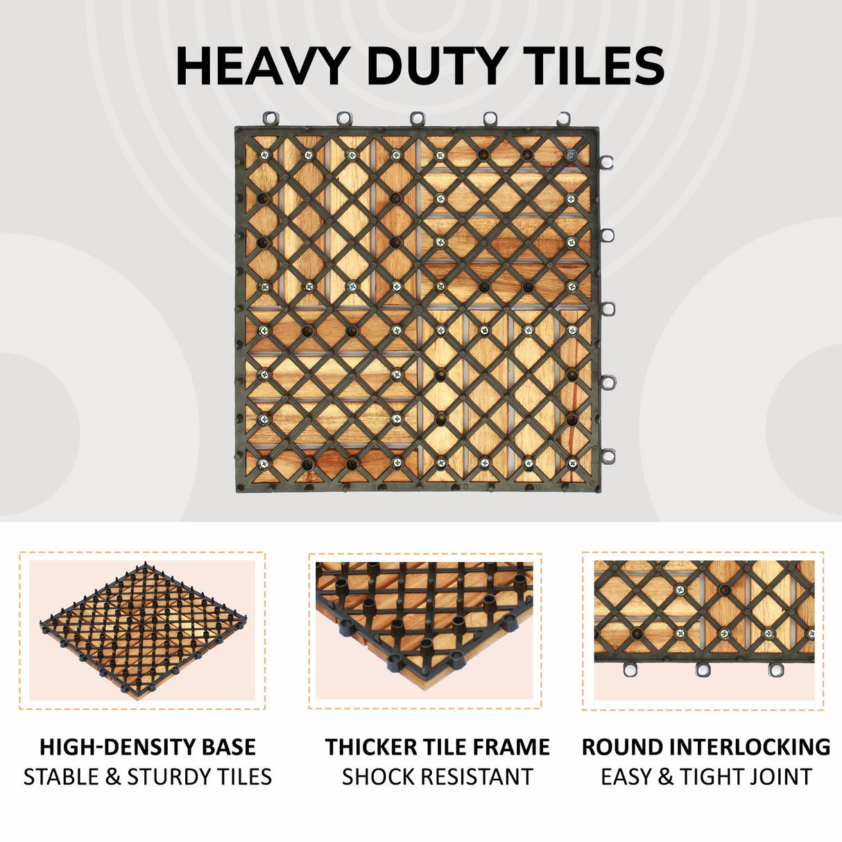 CLOVERHOLM Interlocking Deck Tiles-10PCS Waterproof Acacia Wood Patio Tiles, Easy Snap Flooring Tiles for Indoor and Outdoor,Balcony, Entry, Poolside Tiles, 12”x12”, 10sq.ft per Box, Natural CLOVERHOLM