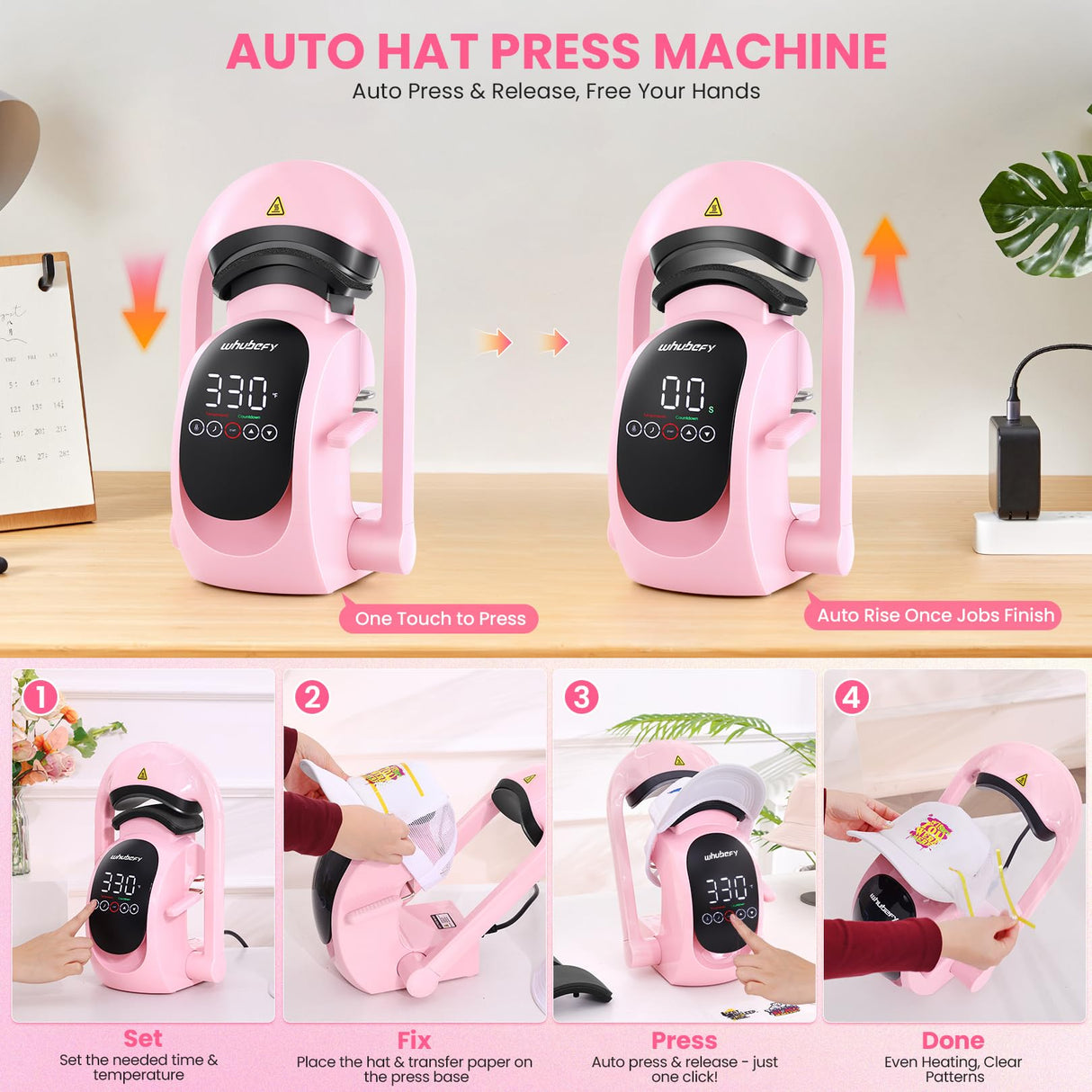 Whubefy Auto Hat Heat Press Machine, 3-in-1 Hat Press Heat Machine for Caps with 3 Platens, Blank Cap, Gloves, Automatic Open/Release, Heat Transfer Cap Heat Press HTV Iron On for Vinyl, Sublimation Whubefy