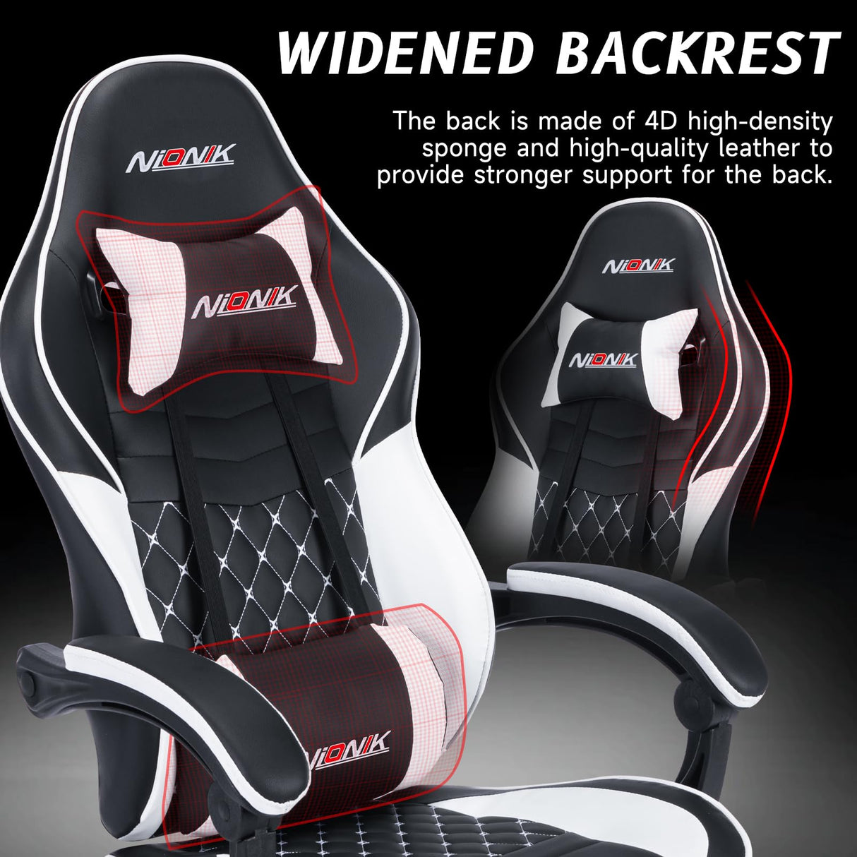 Ergonomic Video Gamer Chairs,Computer Gaming Chairs with Massage Lumbar Support and footrest,Racing Style Computer Chair Adjustable Headrest for Adults,Blackwhite NIONIK