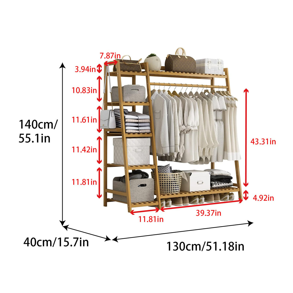 Baveke Bamboo Clothing Garment Rack 7 Tier Storage Shelf Coat Clothes Hanging Rack, Portable Wardrobe Closet Organizer With Top Shelf, Shoe Storage Shelves for Bedroom (Natural - 51.2 in) Baveke