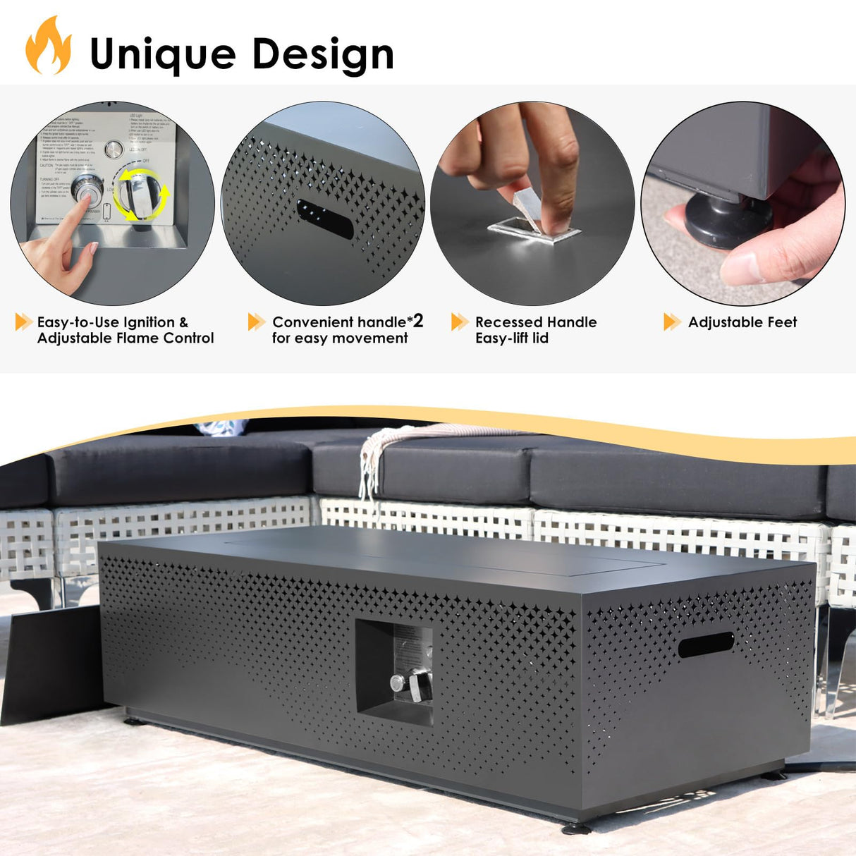 RADIATA 42” Rectangle Propane/Natural Gas Firepit for Outside Patio, Heavy Duty Modern Lowprofile Fire Pit Table with Tank Table & LED Lights, 50000BTU Backyard Fireplace for Porch Deck, Dark Gray RADIATA