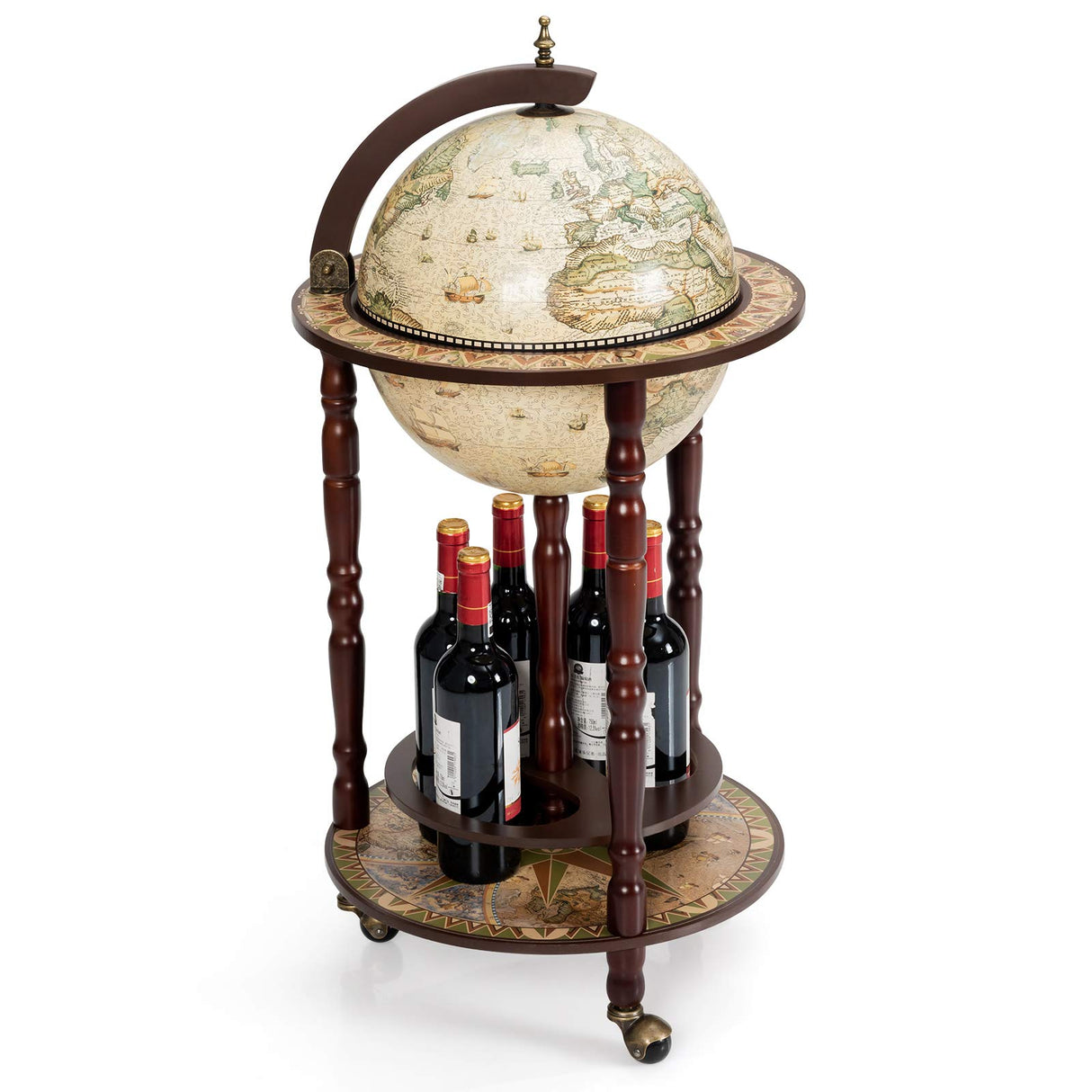Moccha 17’’ Globe Wood Wine Bar Stand, 16th Century Italian Replica Liquor Bottle Shelf w/Wheels, Wood Wine Cart Cabinet, Globe Wine Organizer for Spirits, Beverages Stemware (Creamy White) LDAILY