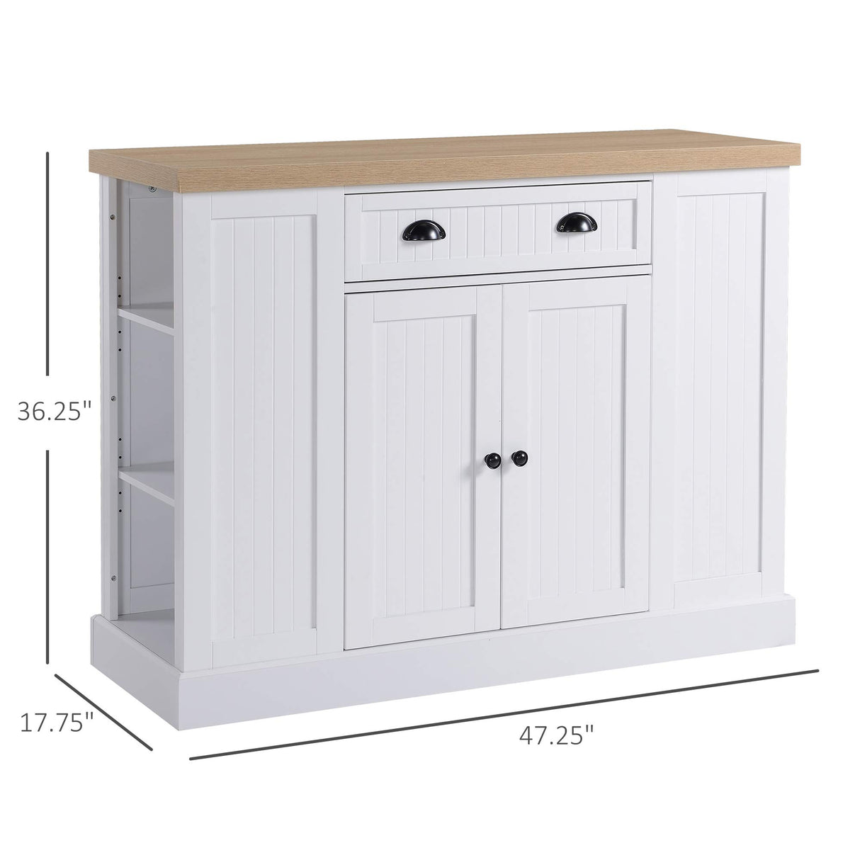 HOMCOM Fluted-Style Wooden Kitchen Island, Storage Cabinet w/Drawer, Open Shelving, and Interior Shelving for Dining Room, White HOMCOM