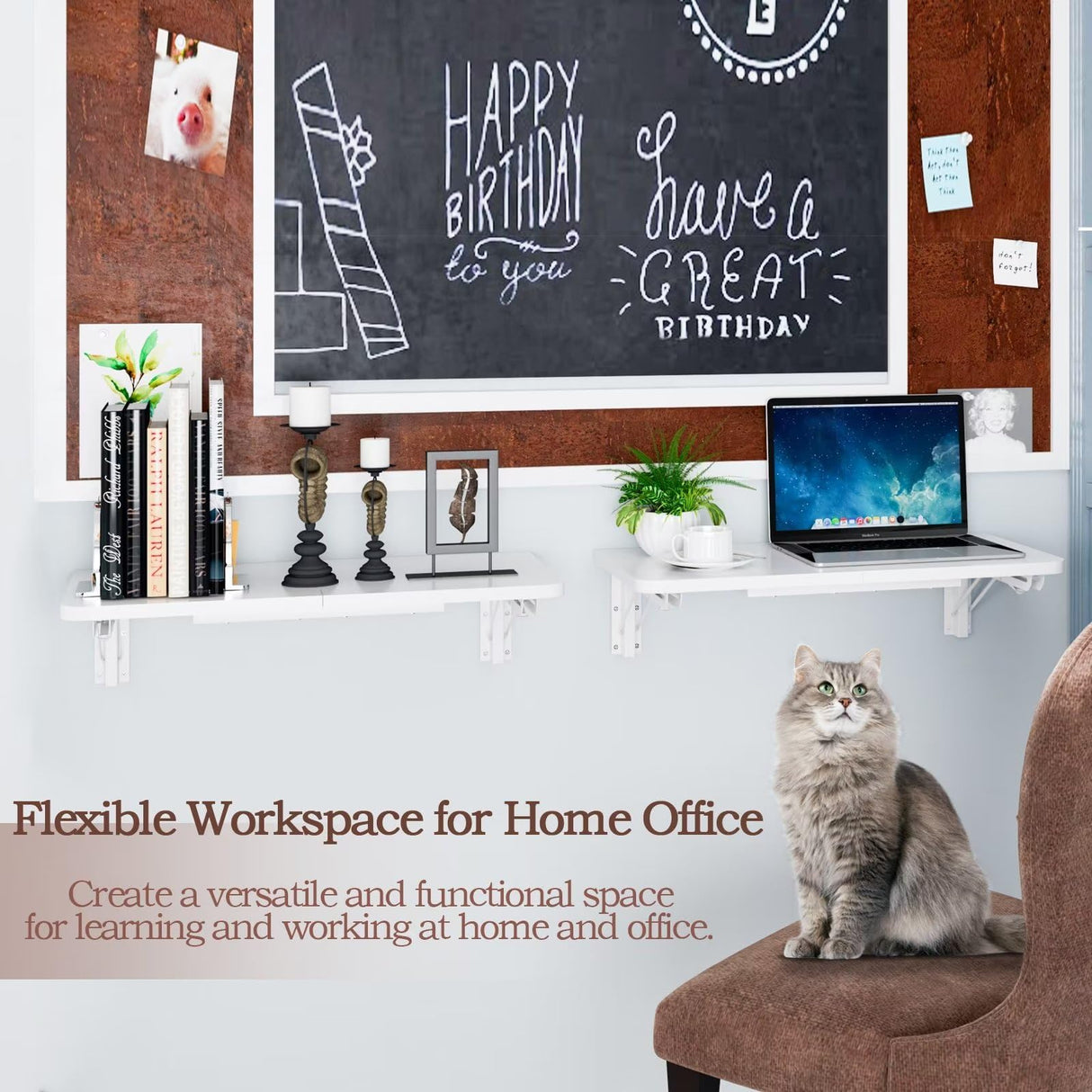 TEAMIX Wall Mounted Desk, White Folding Desk for Small Spaces Floating Shelf Organizer with Heavy-Duty Brackets for Home Office TEAMIX