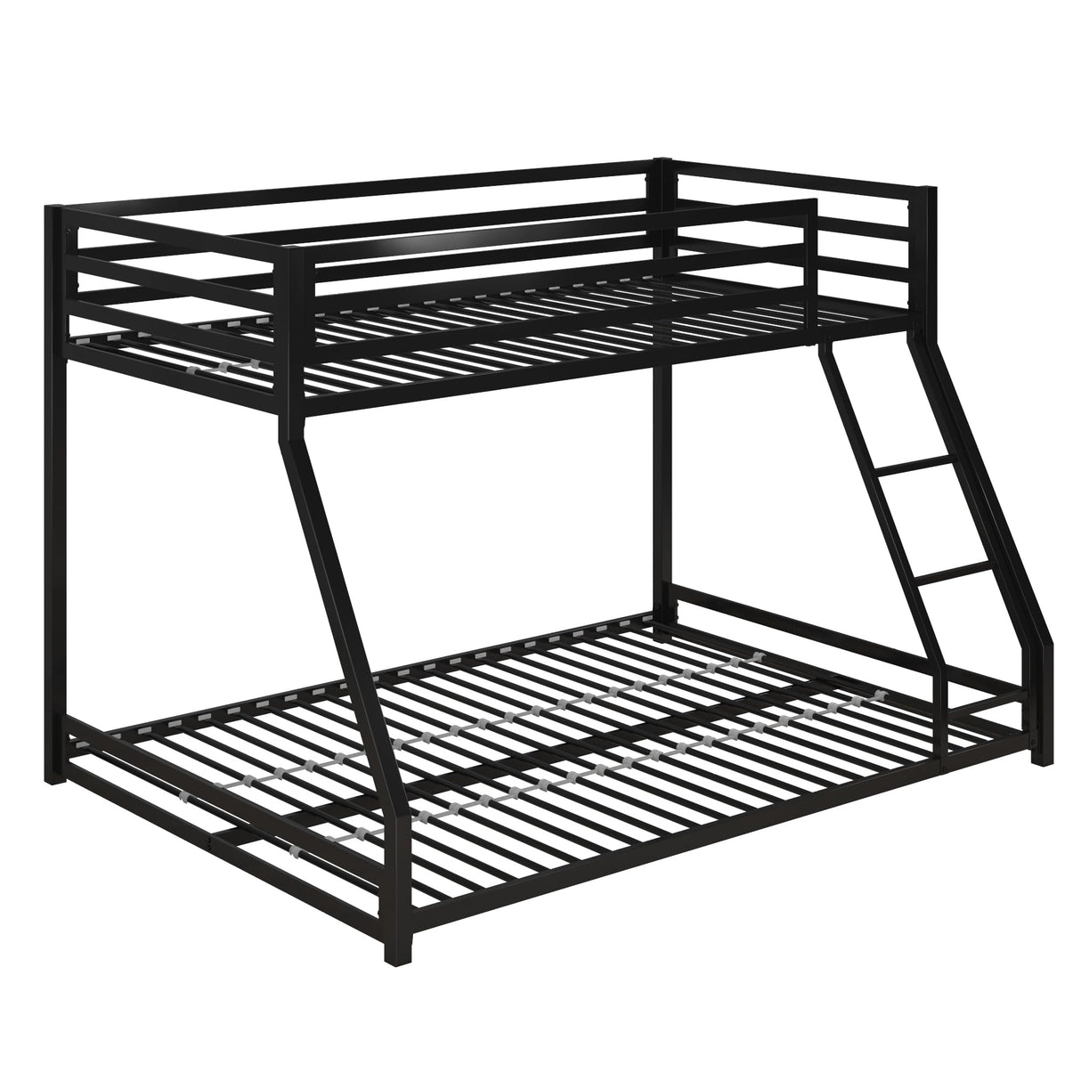 DHP Miles Low Metal Bunk Bed Frame for Kids, With Built-in Ladder, High Guardrail and Metal Slats, Floor Bed Bottom Bunk, No Boxspring Required, For Small Spaces, Twin-Over-Full, Black DHP