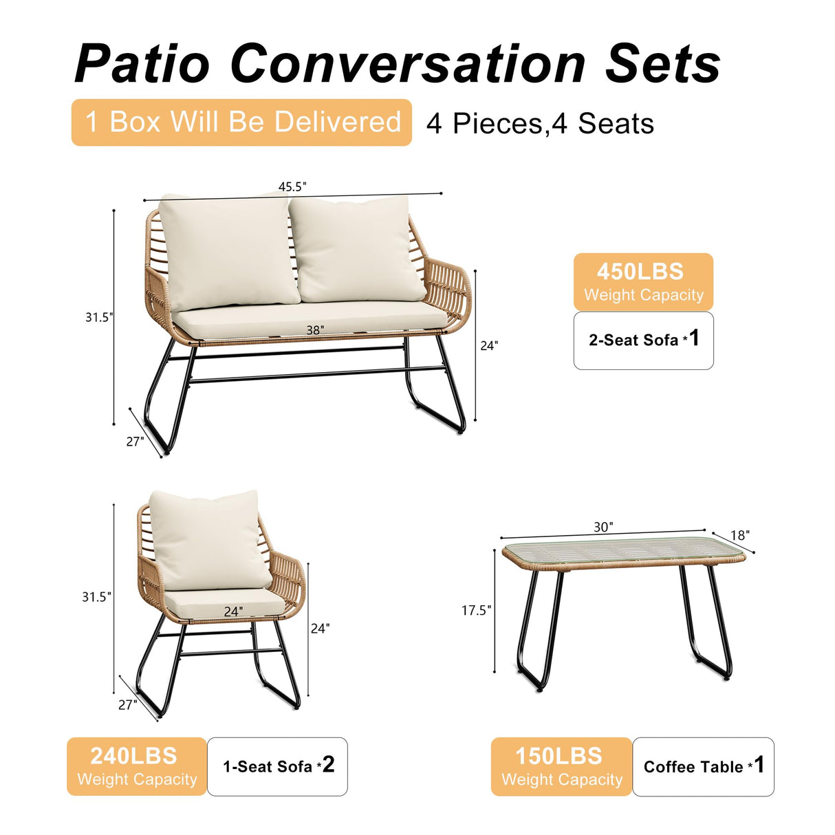 LEX CRAFT 4-Piece Outdoor Patio Furniture Set with Cushions & Tempered Glass Table, All-Weather Rattan Bistro Set with Loveseat Chairs Table Soft Cushions for Garden, Porch, Backyard (Beige) LEX CRAFT