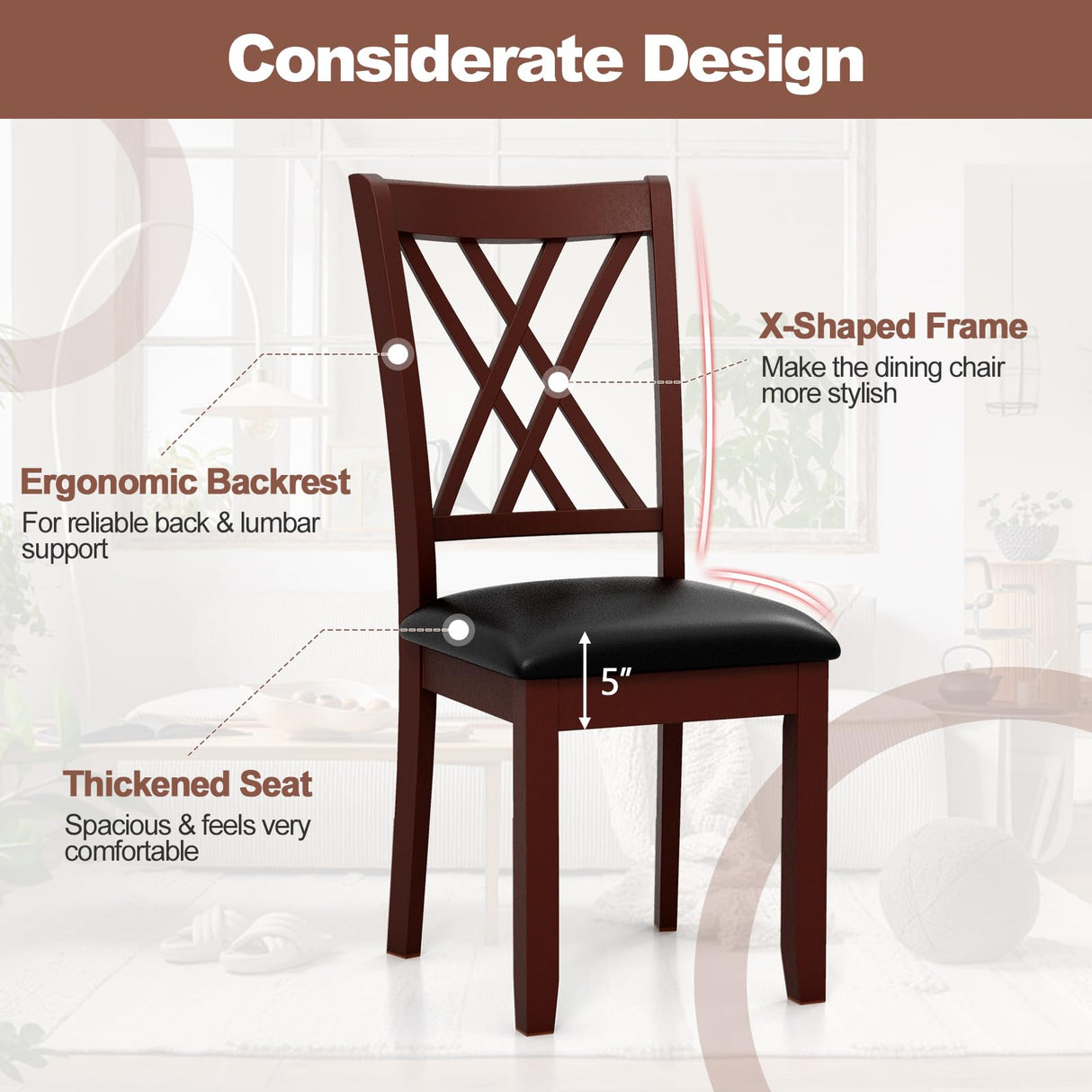 Giantex Wood Dining Chairs Set of 2, Faux Leather Upholstered Kitchen Chairs with Rubber Wood Legs, Padded Seat, Max Load 355 Lbs, Farmhouse Armless Wooden Dining Room Chair Giantex
