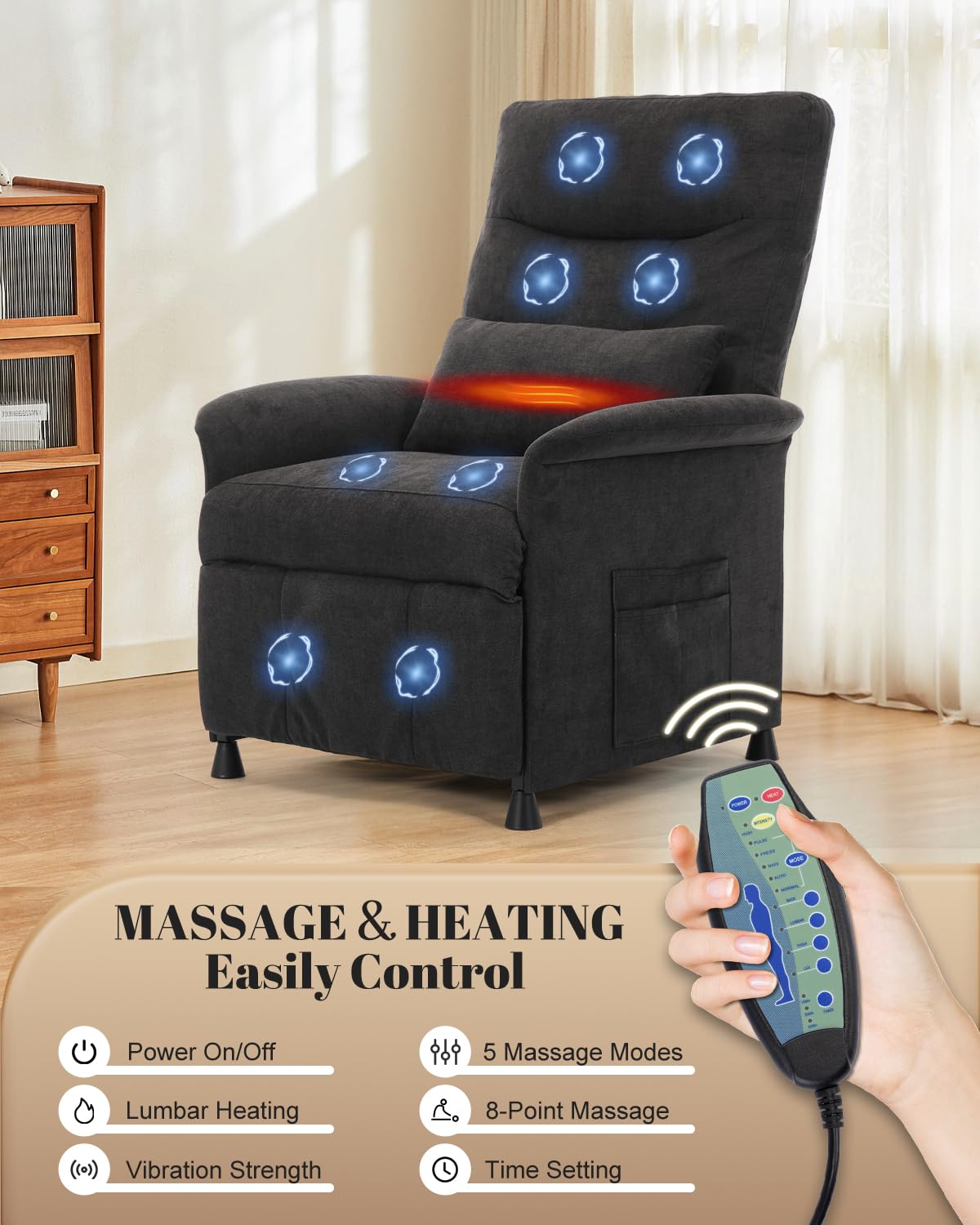 Power Recliner Chair for Adults – Heated Massage, Vibration, Electric Reclining Sofa with Side Pocket & Remote, Adjustable Recliner for Living Room or Home Theater Seating (Premium, Black) NBBOTBOT