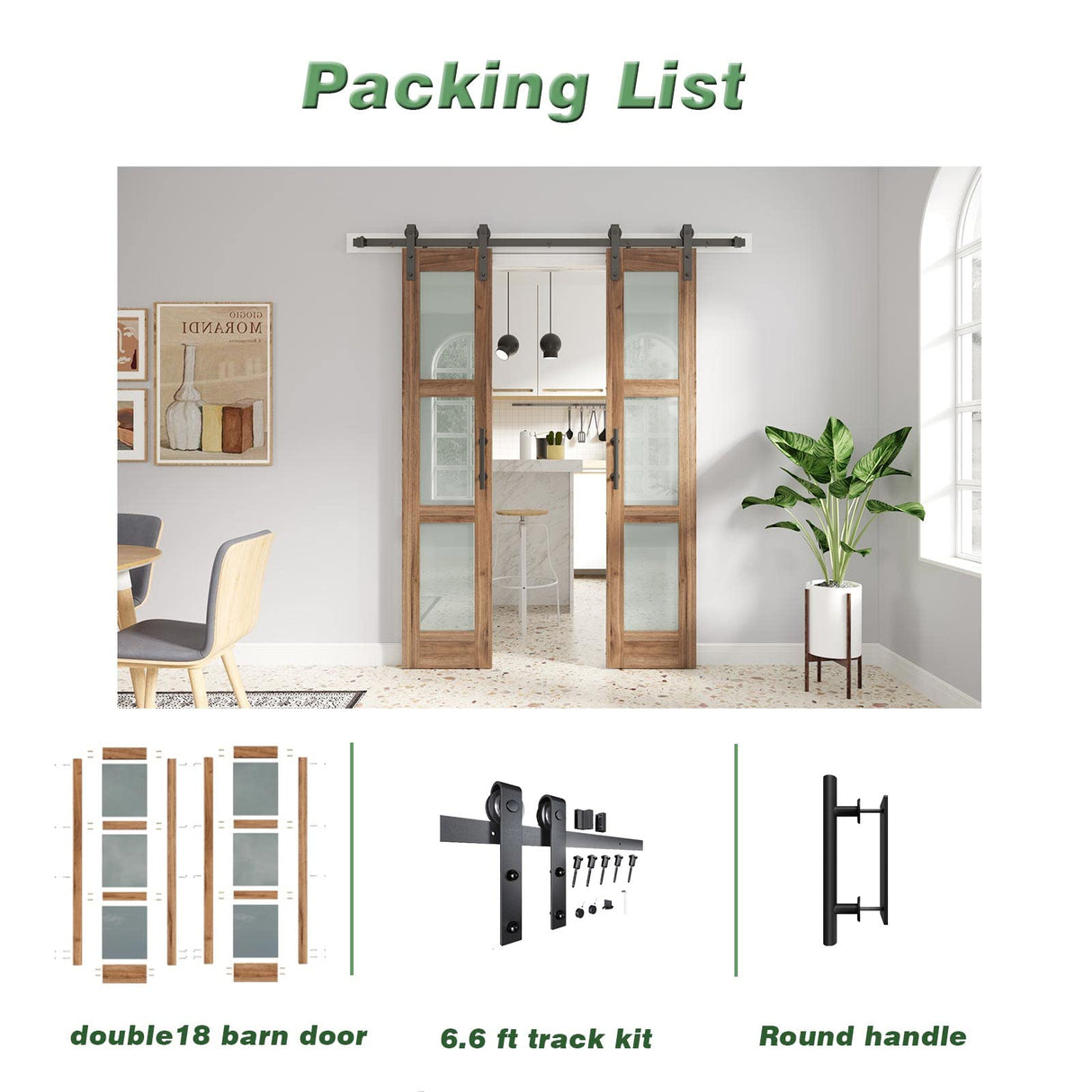 FREDBECK Double 18 x 84 inch Glass Barn Doors 36inch Barn Door with 6.6FT Hardware Kit & Handle Included,3-Panel Frosted Glass,LVL Wood Panel,Water-Proof PVC Surface,Pre-Drilled Holes,Need Assembly FREDBECK