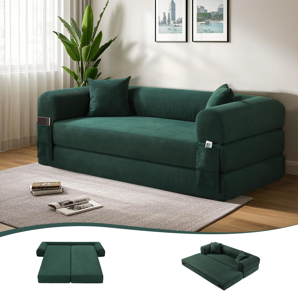 80" Convertible Sofa Bed, 3-in-1 Corduroy Folding Pull Out Couch with Pillows, No Assembly Modern Boneless Couch Compression Sofa in Box, Floor Sofa with Side Storage Pocket for Living Room,Dark Green Zyerch
