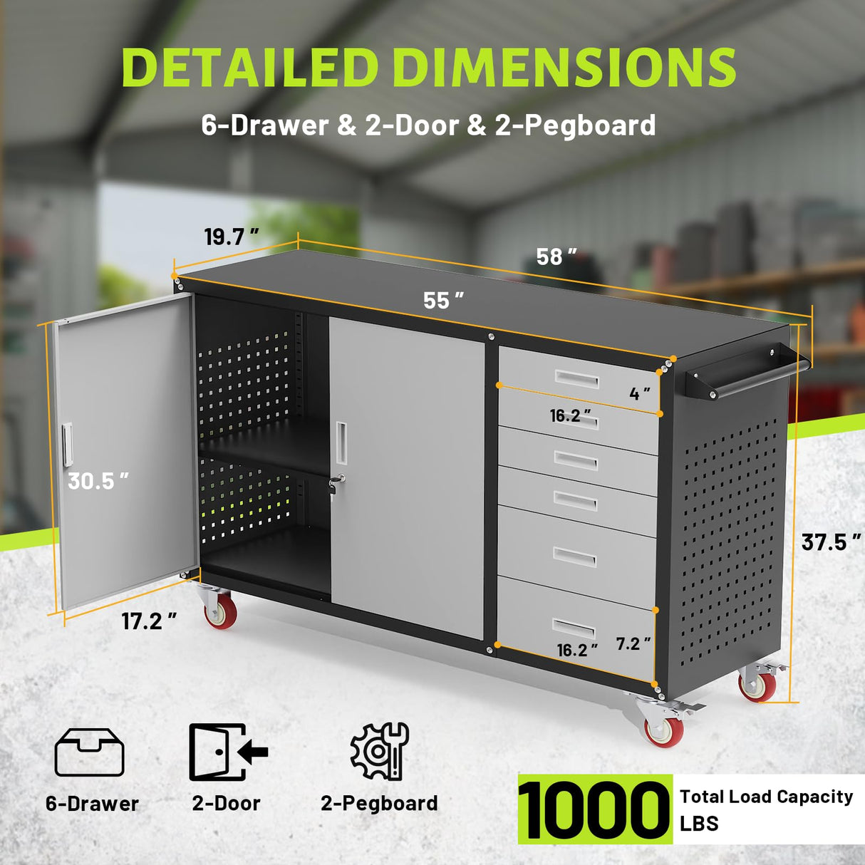 Rumetol 55"W Heavy Duty Rolling Workbench with Drawers and Storage,1000 LBS Capacity Work Bench with Lockable Cabinet & Adjustable Shelf,Garage Workbench with Pegboard & Wheels for Garage/Repair Shop Rumetol