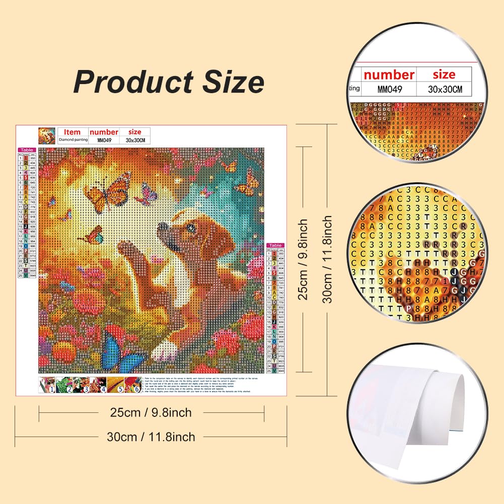 WSLWXSHM Diamond Painting Kits for Adults Dog, Butterfly Round Full Drill Diamond Art Kits, 5D DIY Paint with Diamonds Crafts for Home Wall Decoration Gifts 12×12Inch, Animal WSLWXSHM