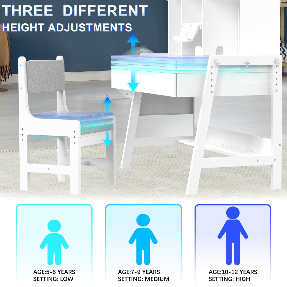 GDLF Kids Study Desk and Chair Set, Adjustable Children Study Table with Chair, Kids Wooden Study Desk with Hutch, Drawers, Book Stand, Whiteboard and Fabric Storage Bag for 5-12 Years Old GDLF