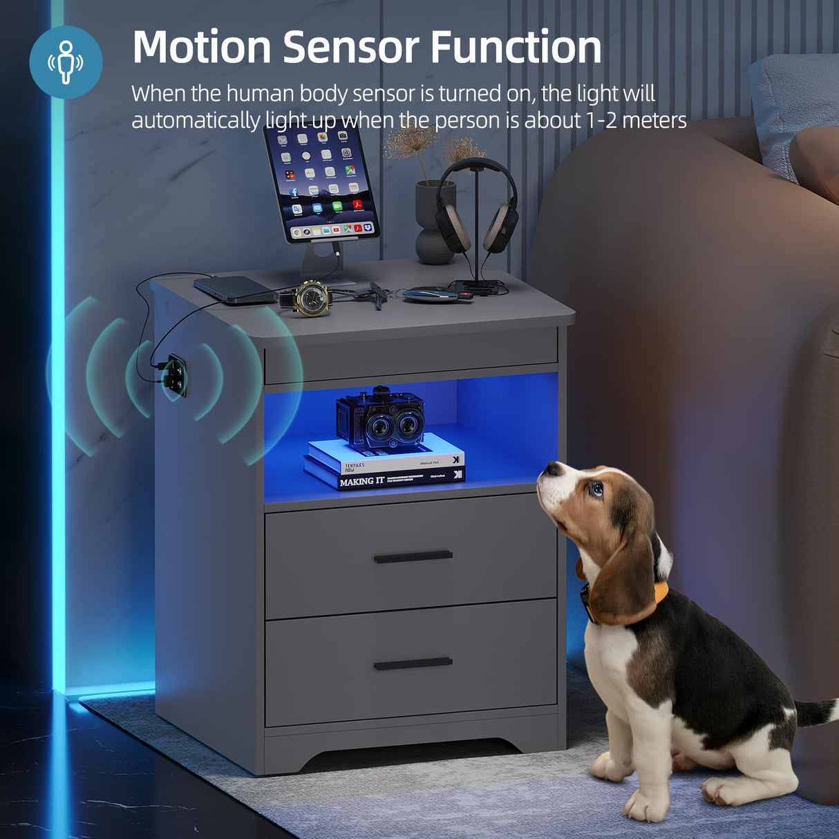 Gurexl LED Nightstand with Gun Drawer, Modern Beside Table with Charging Station, Auto Sensor 3 Color Dimmable Night Stand with Open Compartment for Bedroom (Grey) Gurexl