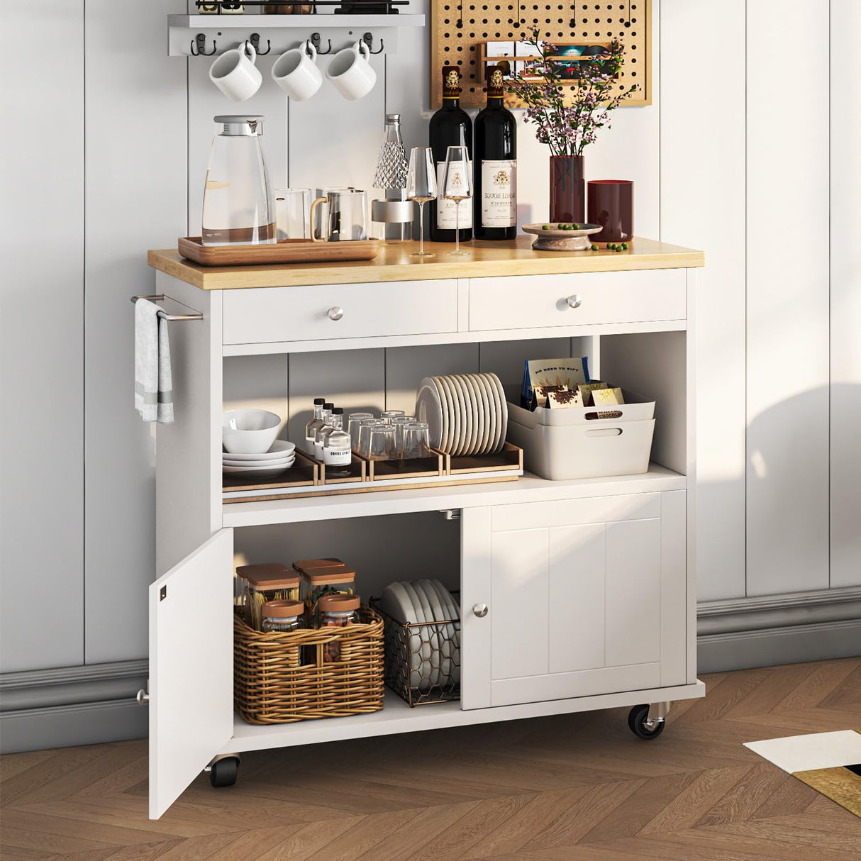 knoworld Rolling Kitchen Island with Storage Cabinet, 35.4'' Width Kitchen Cart, 2 Drawers Island Table, Portable Mobile Kitchen Island with Towel Rack, Wood Top and Lockable Wheels, White knoworld