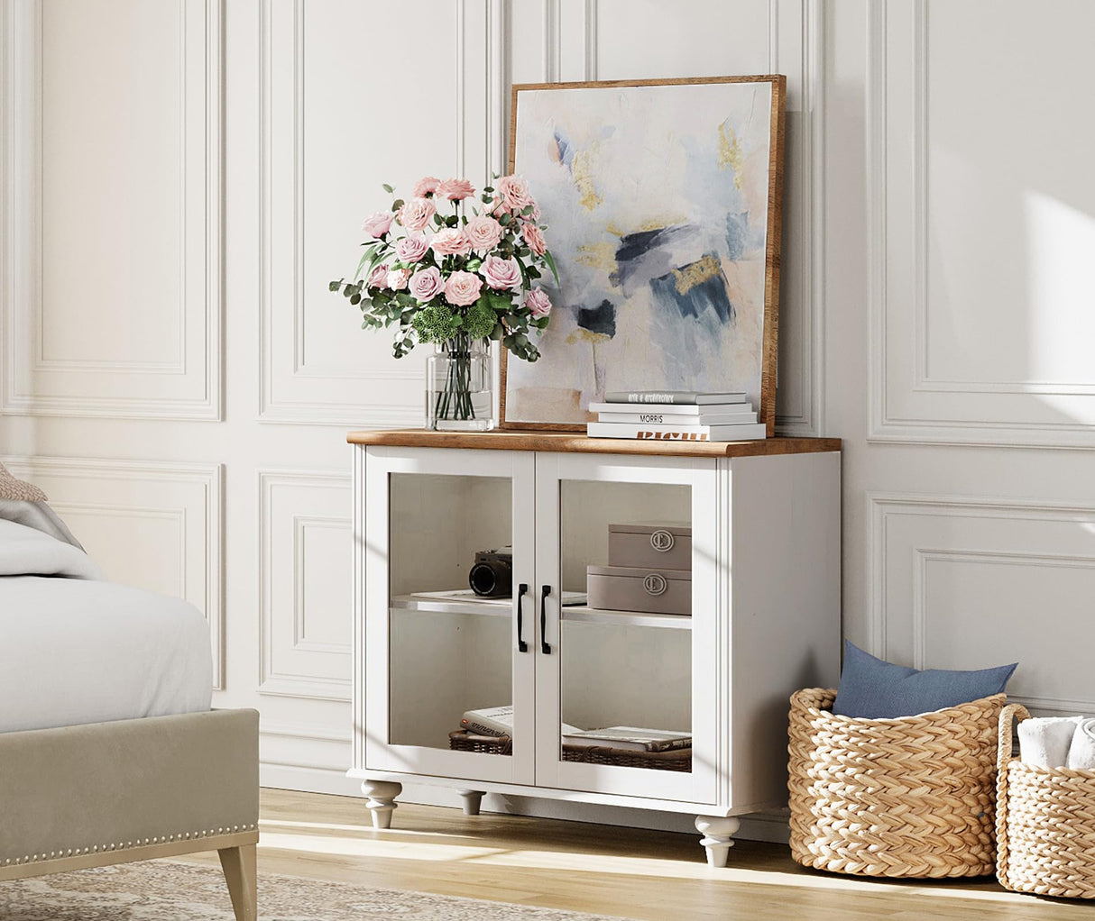 WAMPAT TV Stand for 43 Inch, Wood Console Table Storage Cabinet for Living Room, Kitchen Sideboard Buffet Cabinet With Glass Door for Dining Room, Off White WAMPAT