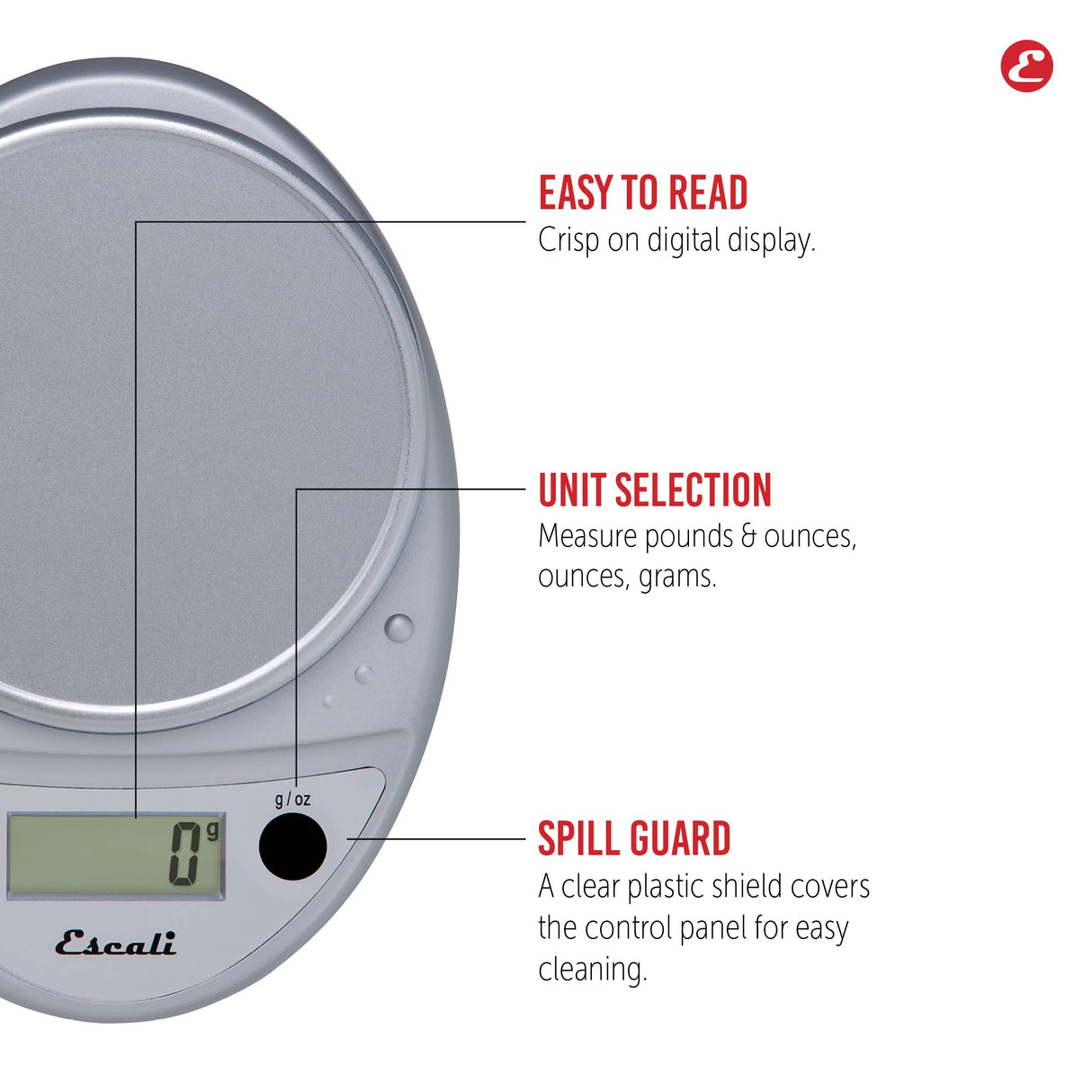 Escali Primo Digital Food Scale Multi-Functional Kitchen Scale and Baking Scale for Precise Weight Measuring and Portion Control, 8.5 x 6 x 1.5 inches, Chrome Escali